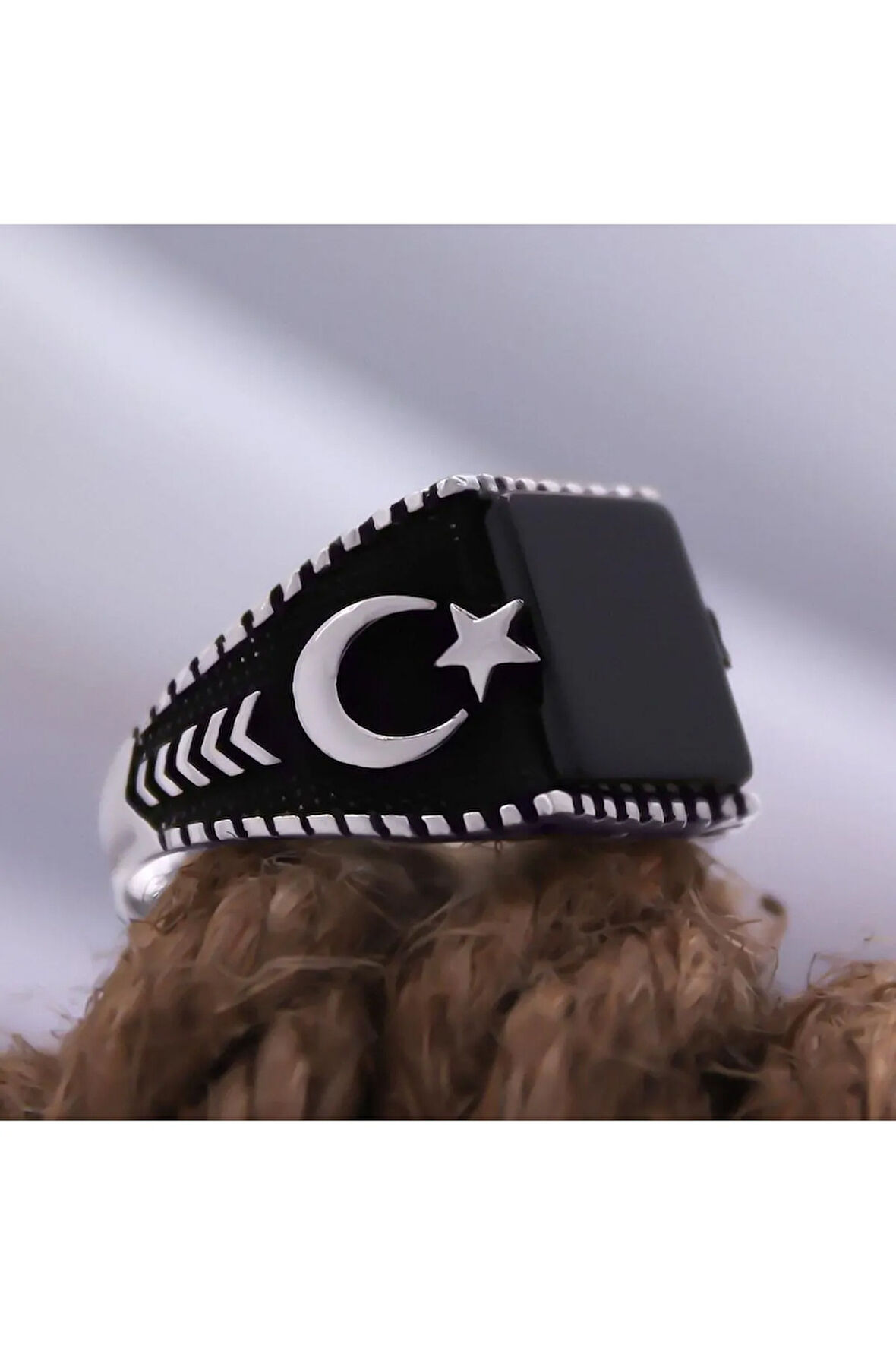 Siyah Oniks Kare Taşlı Ay Yıldız Işlemeli Özel Seri Erkek Gümüş Yüzük