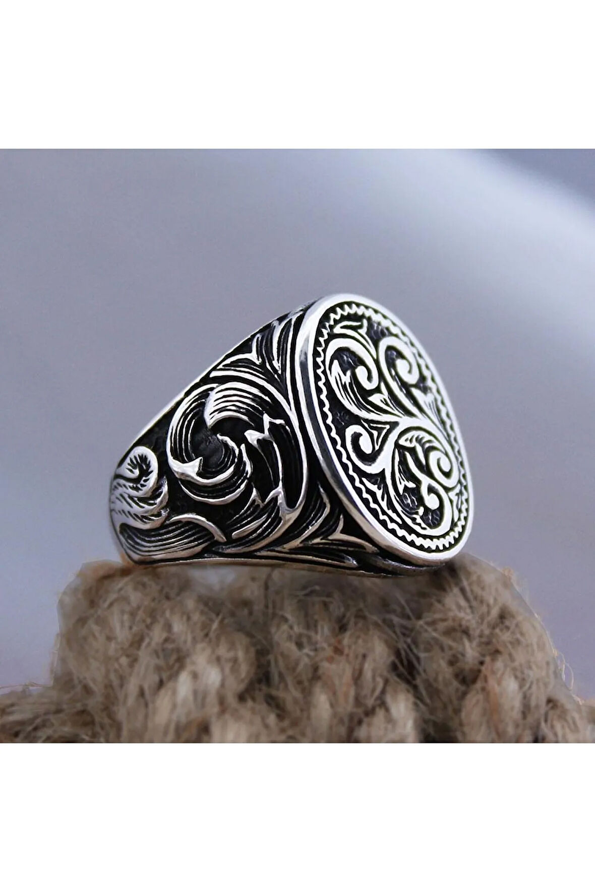 Oksitli Işlemeli Taşsız Sade Özel Seri Erkek Gümüş Yüzük