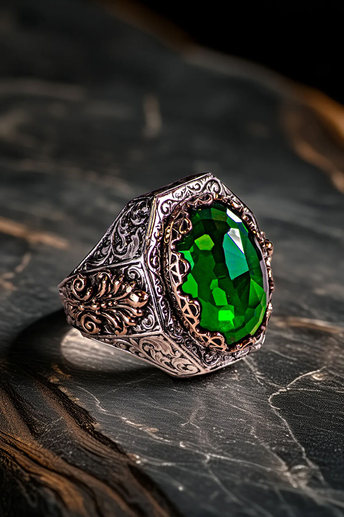 Erkek Kristal Kesim Zümrüt Taşlı Yanı Desenli 925 Ayar Gümüş Yüzük