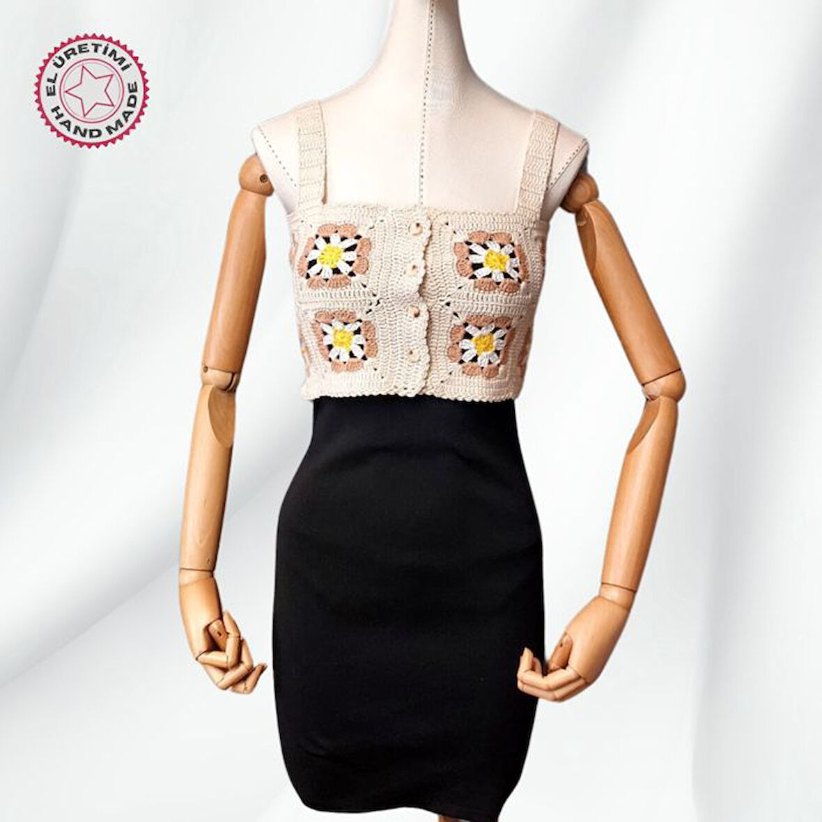 Uretti - Yıldız 7202 9514 El Örgüsü Yazlık Beyaz Kadın Büstiyer / Crop Bluz - 36/38/40 - Bej