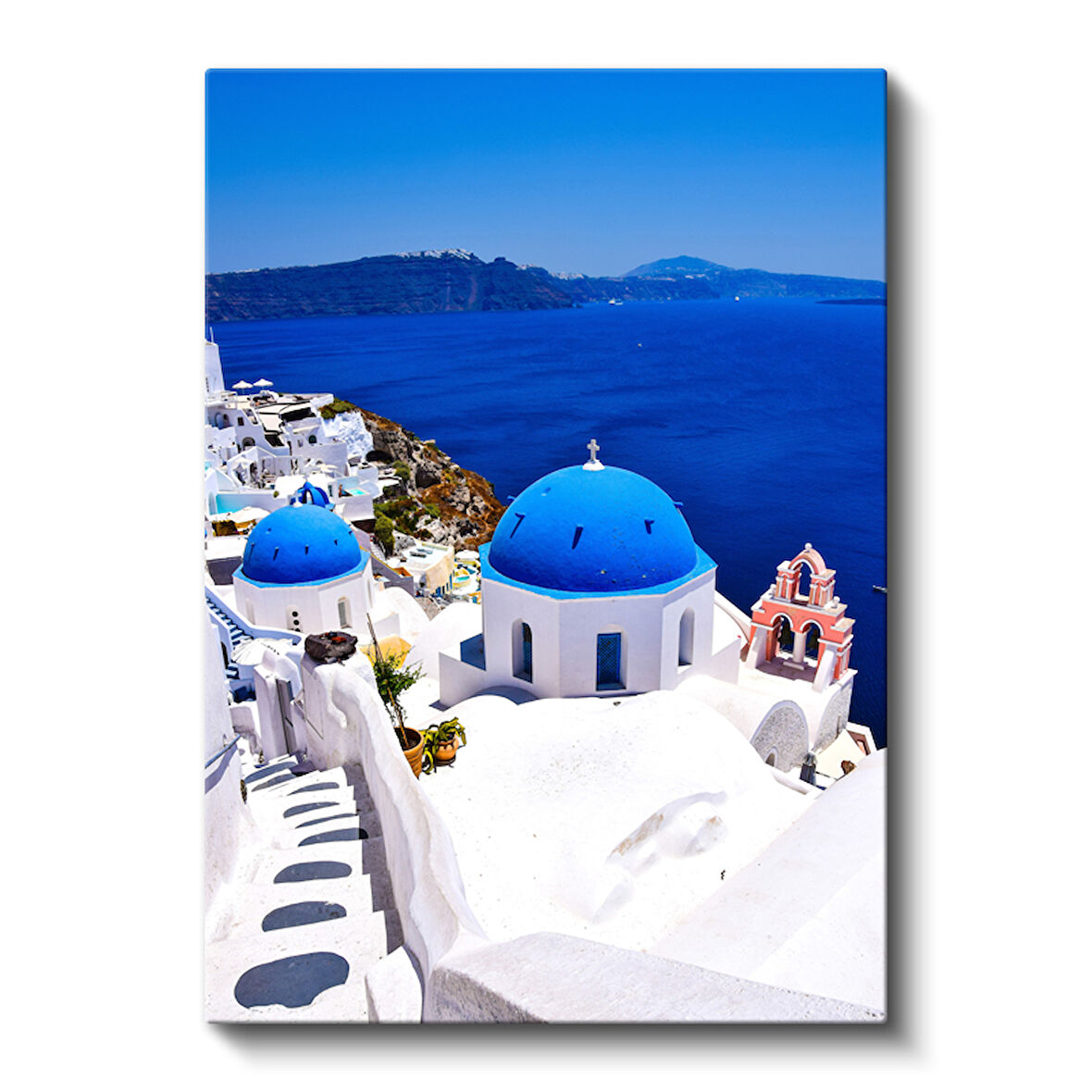Santorini Mavi Kubbeli Kiliseler ve Ege Denizi Manzarası Kanvas Tablo