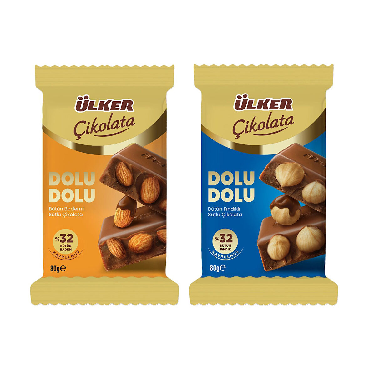 Ülker Dolu Dolu Sütlü Bütün Fındıklı ve Bademli Çikolata 80 gr 2 li