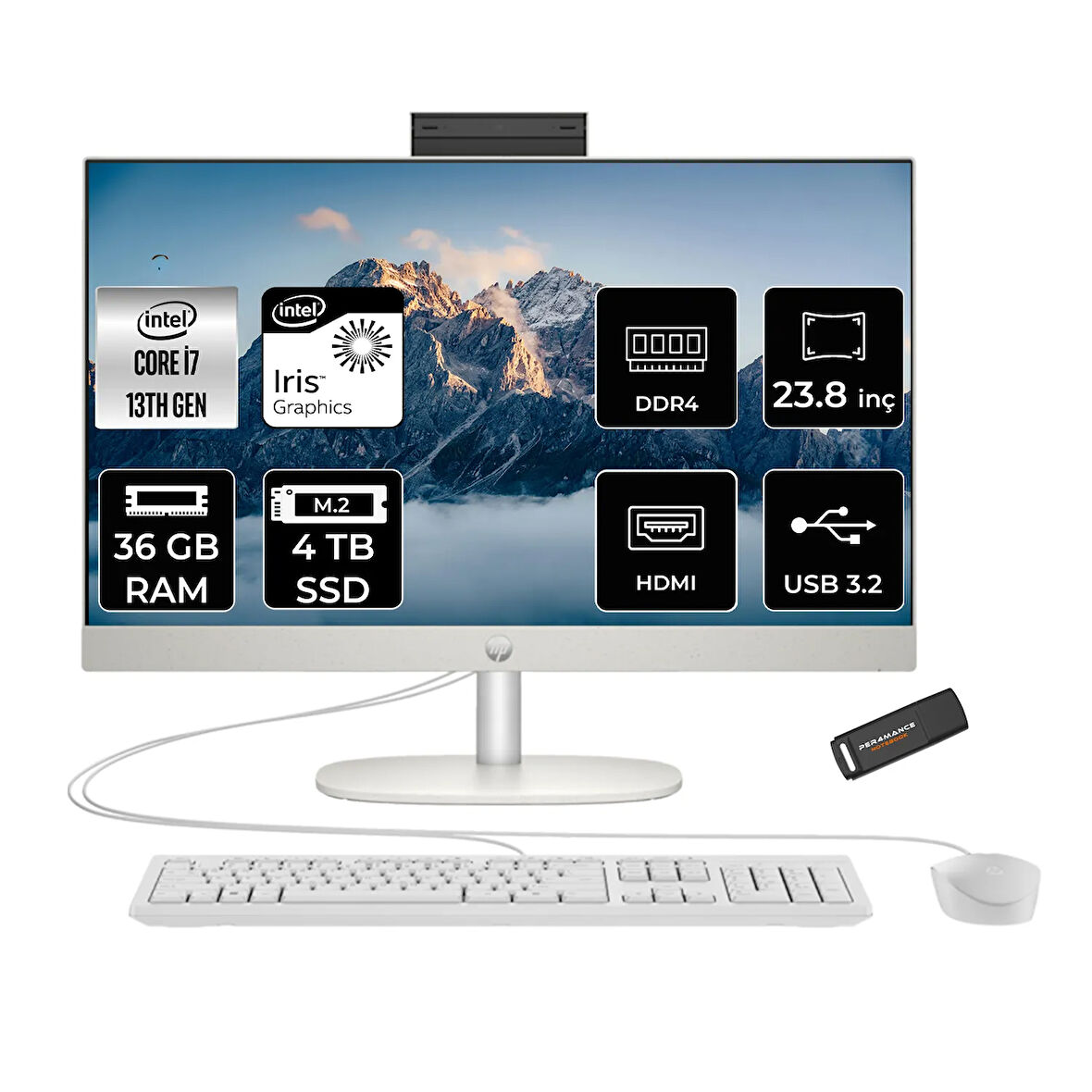 HP ProOne 240 G10 i7 1355U 36GB 4TB SSD Iris Xe Graphics 23.8" FHD FDOS All In One PC Beyaz & PER4