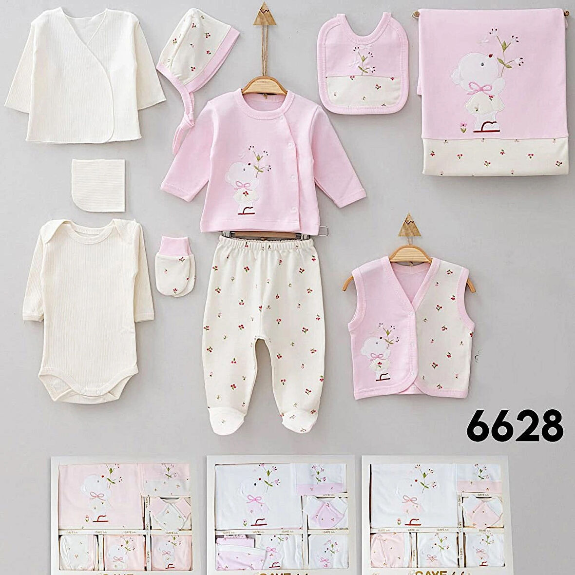 KIZ BEBEK GAYE ORGANİK 0-3 AY ÇİÇEKLİ TAVŞAN NAKIŞLI 10 LU HASTANE ÇIKIŞ ZIBIN SETİ