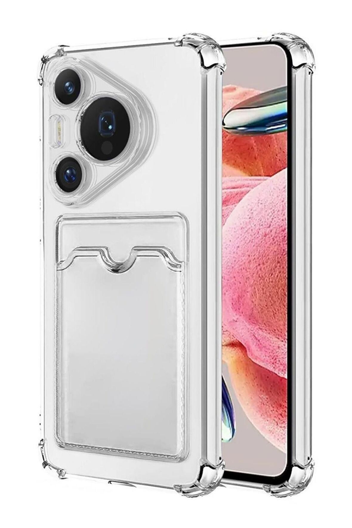 Huawei Pura 70 Kılıf Darbe Emici Köşe Korumalı Kartlıklı Cüzdanlı Silikon Kapak - Şeffaf