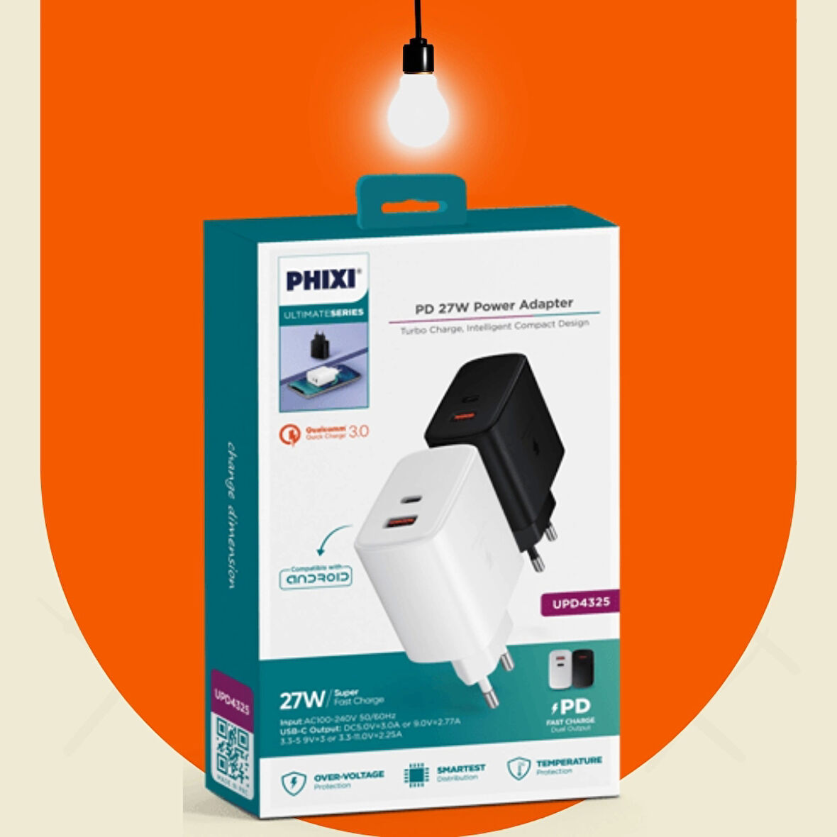 Phixi Ultimate UPD4325 27W PD Çift Çıkışlı Hızlı Şarj Adaptörü – USB-C Hızlı Şarj, Akıllı Telefonlar İçin Uyumlu - Beyaz Renk