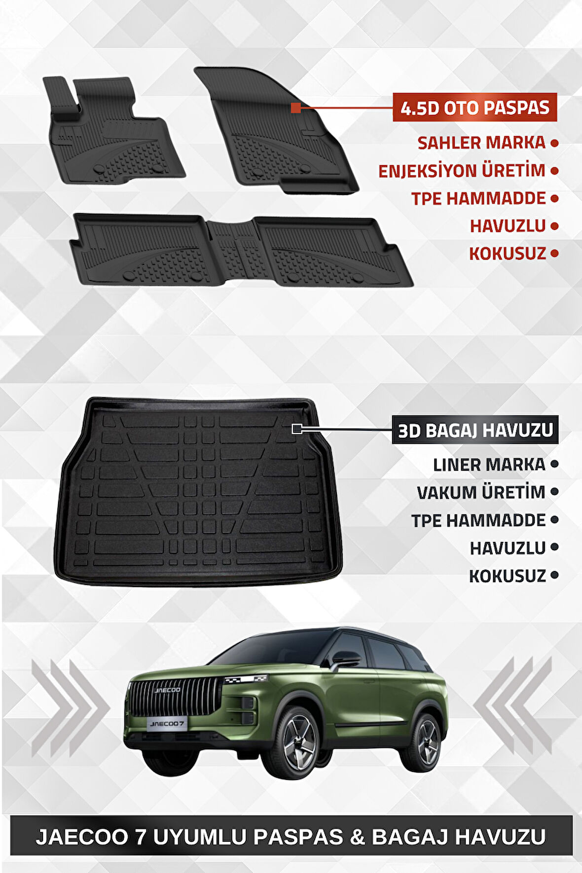 Sahler Jaecoo 7 4x4 2024+ Uyumlu 4.5d Premium Havuzlu Oto Paspas ve Liner Marka 3D Bagaj Havuzu