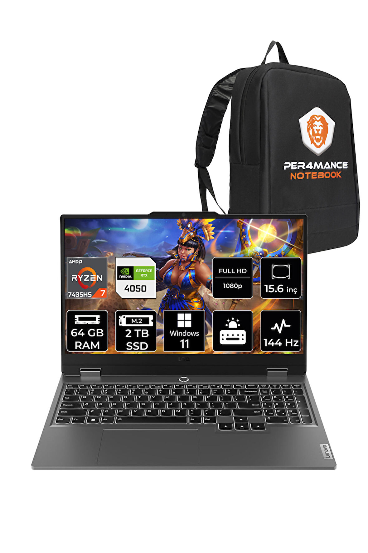 Lenovo LOQ R7 7435HS 64GB 2TB SSD RTX4050/6GB 105W 144Hz FHD 15.6" W11P Gaming Laptop & PER4 ÇANTA