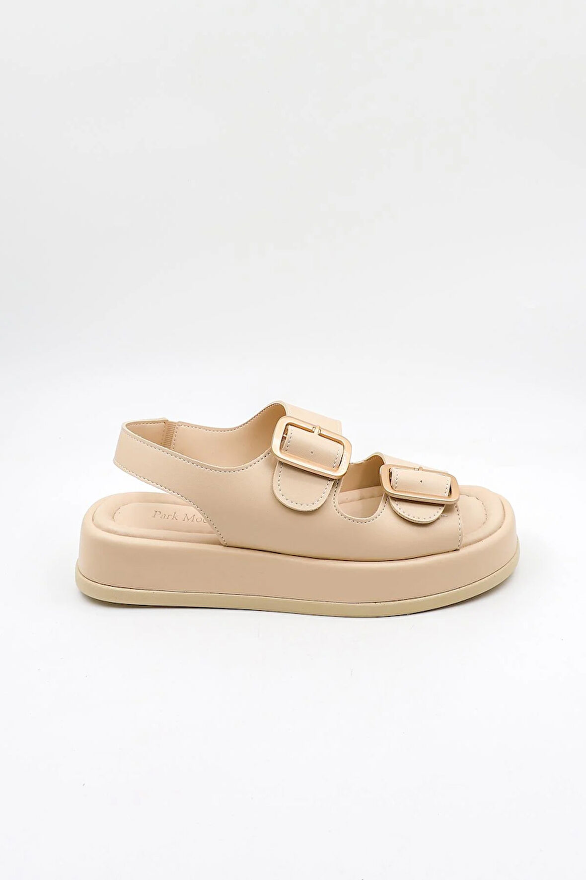 Park Moda Dolgu Topuklu Çift Bantlı Arkası Lastikli Tokalı Kadın Sandalet PM183 Bej Cilt