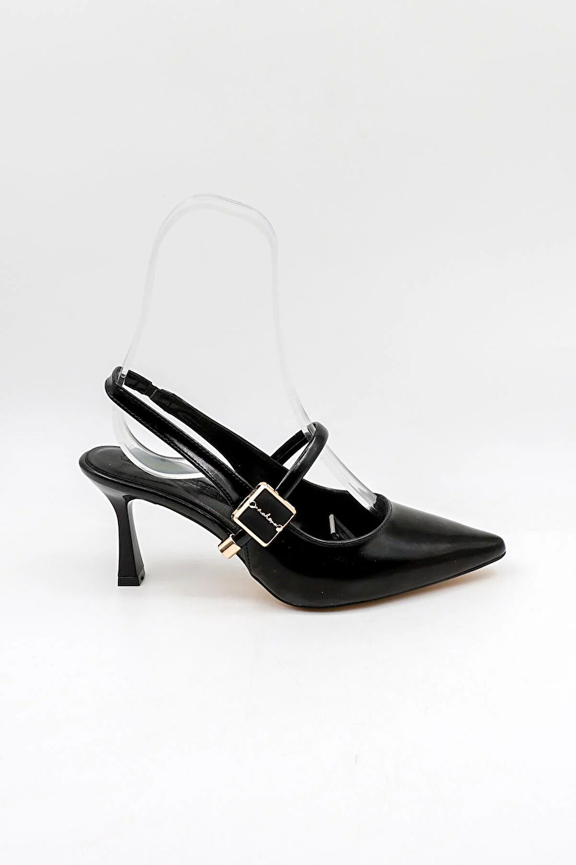 Park Moda Arkası Açık Taşlı Kısa Topuklu Kemerli Kadın Ayakkabı PM439 Siyah