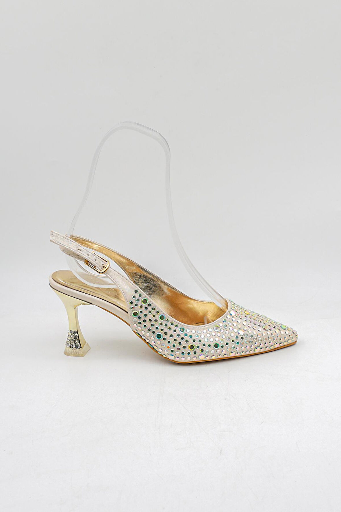 Park Moda Arkası Açık Taşlı Kısa Topuklu Kadın Ayakkabı PM439 Altın