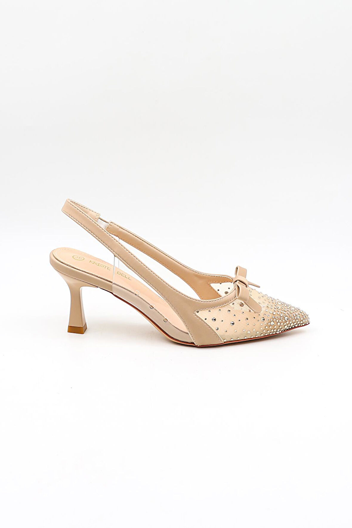 Kriste Bell Kısa Topuk Arkası Açık Taşlı Fiyonk Detaylı Stiletto KB252 Bej