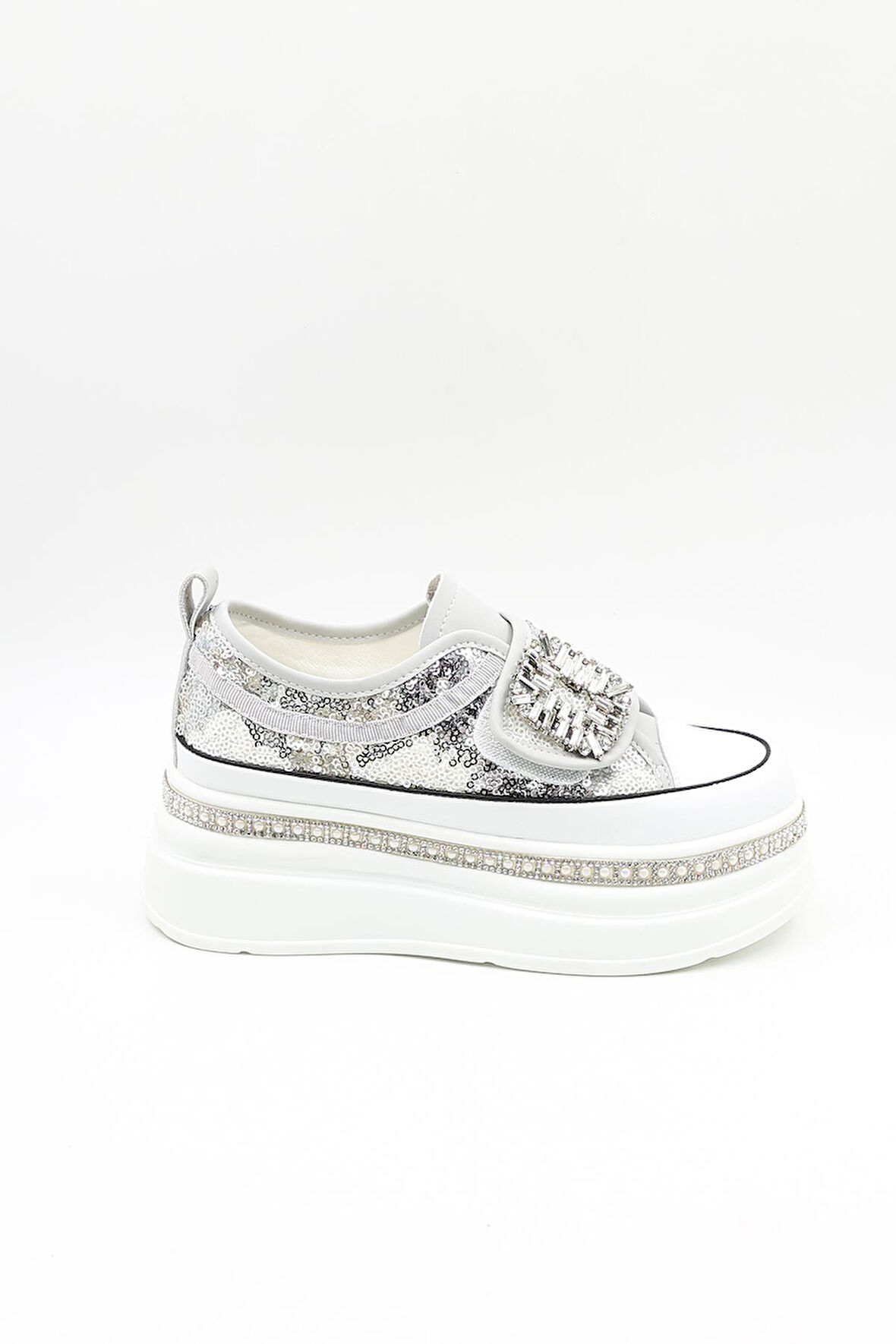 Guja İthak Özel Seri Taban Taş Detaylı Pullu Cırtlı Kadın Spor Ayakkabı GJ423 Gri