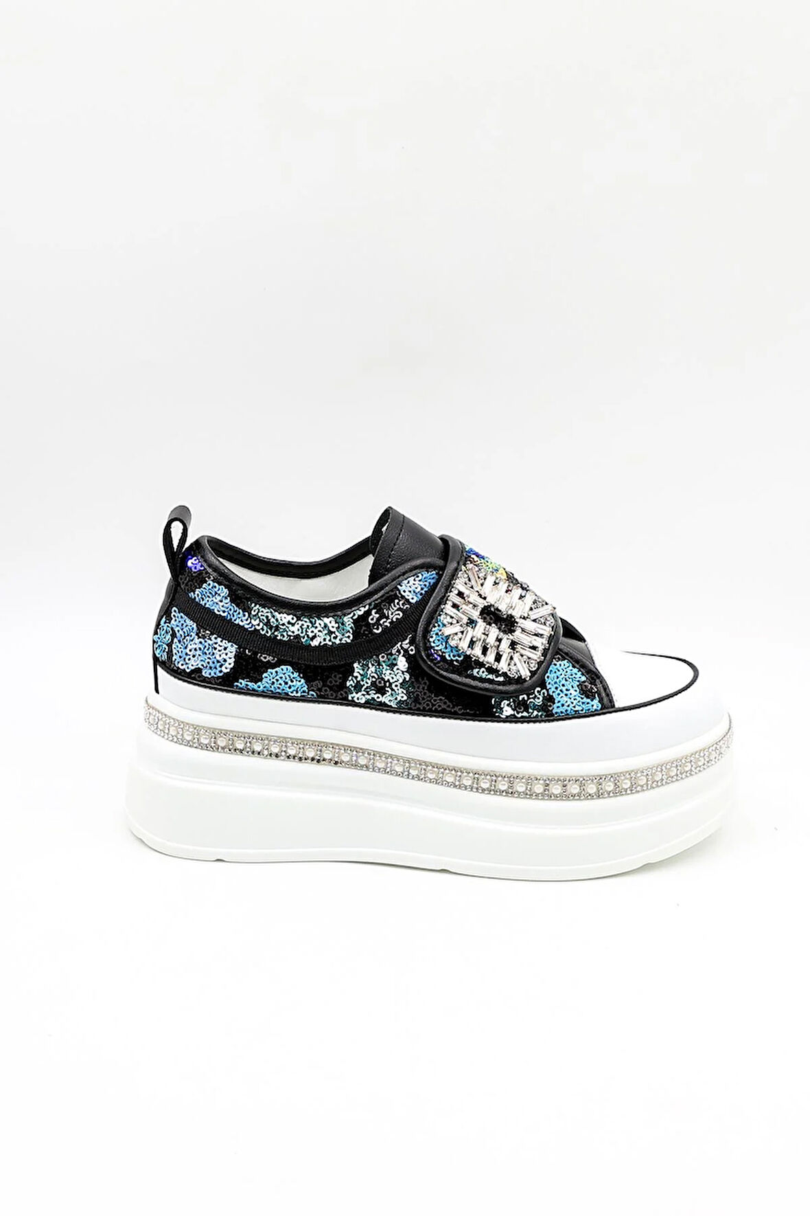 Guja İthak Özel Seri Taban Taş Detaylı Pullu Cırtlı Kadın Spor Ayakkabı GJ423 Siyah