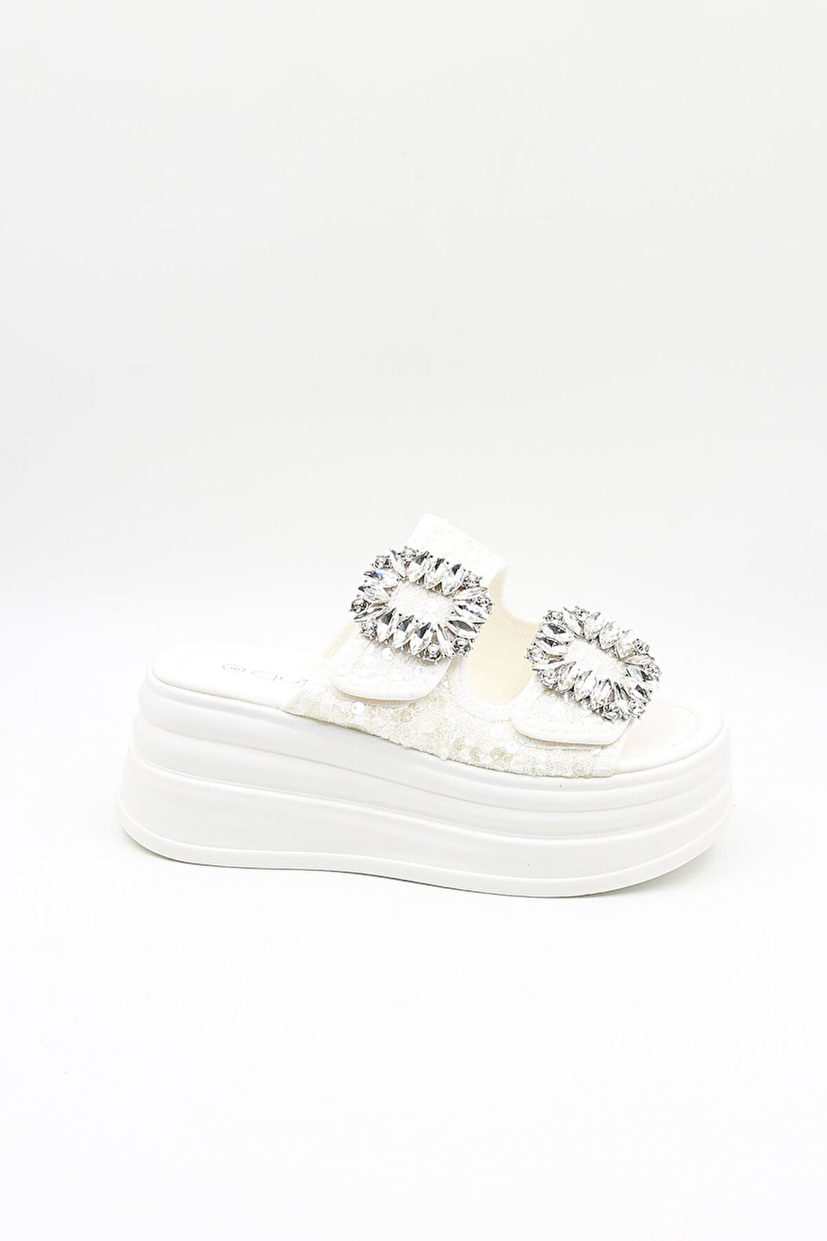 Guja Ortopedik Dolgu Topuklu Taşlı Dantelli Şık Terlik GJ405 Beyaz