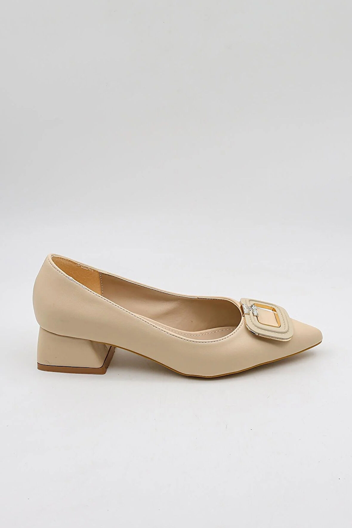 Park Moda Tokalı Sivri Burun Kısa Topuklu Kadın Babet Ayakkabı PM483 Ten Cilt