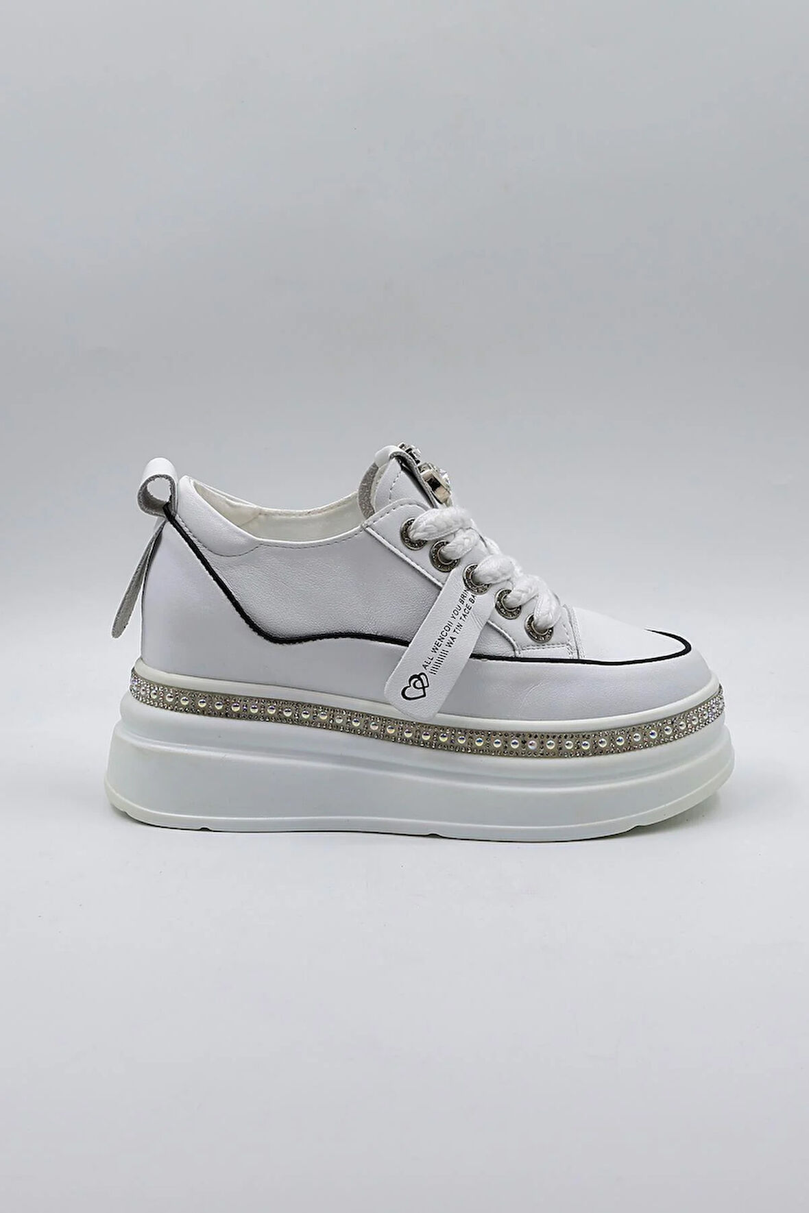 Kriste Bell Yüksek Taban Taş Detaylı İthal Kadın Spor Ayakkabı  KB0002 Beyaz