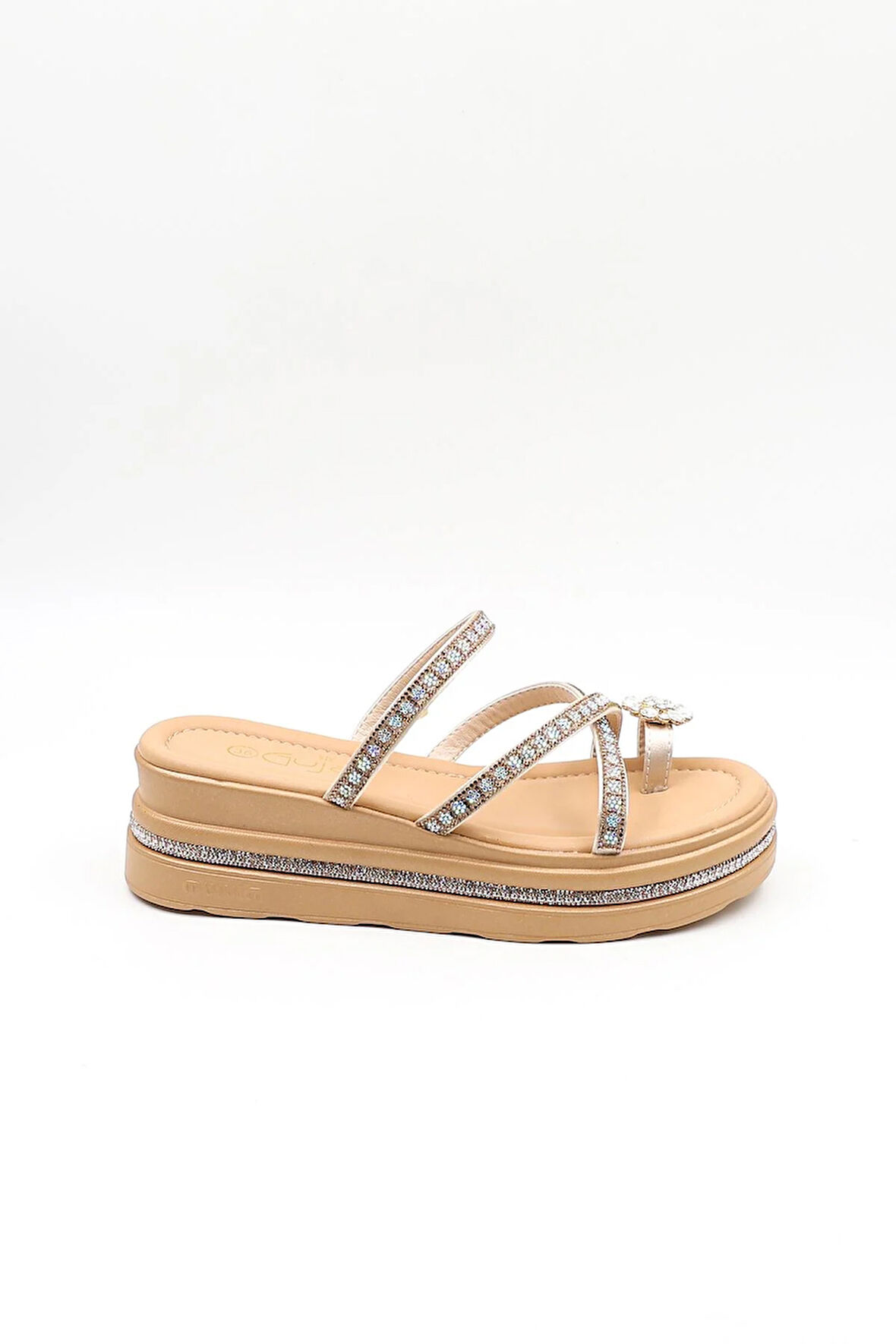 Guja Dolgu Tabanlı Taşlı Şık Terlik GJ398 Bej