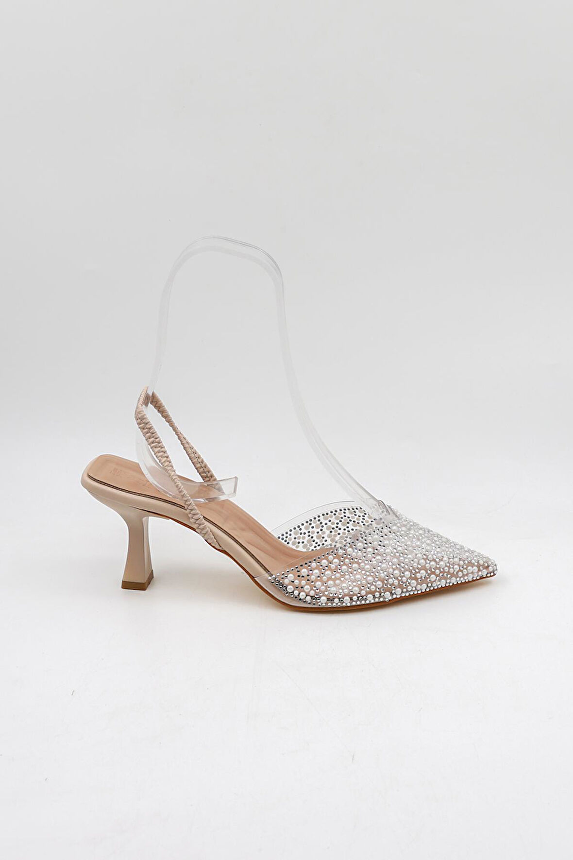 Park Moda Şeffaf Taş ve İnci Detaylı Topuklu Abiye Ayakkabı PM474 Ten Cilt
