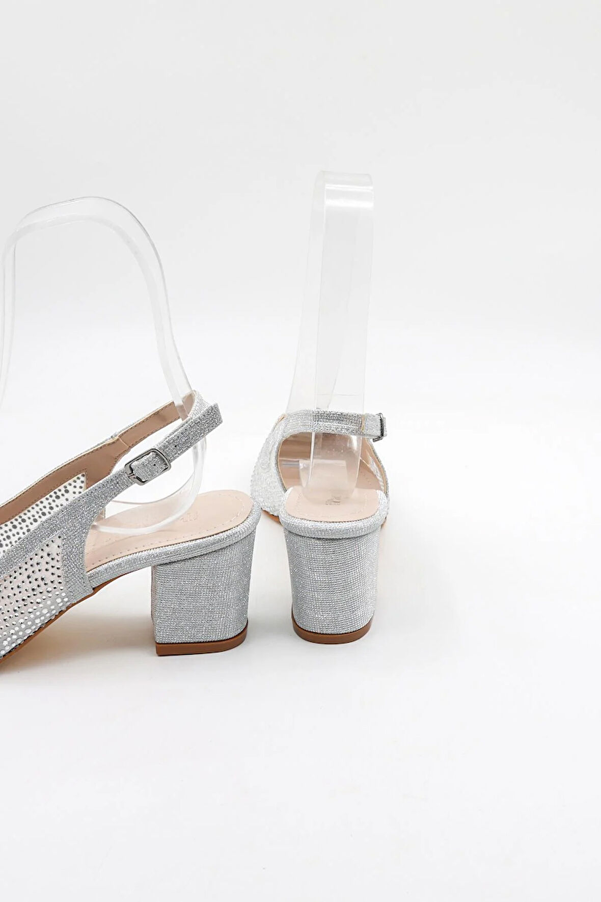 Park Moda Taşlı Kısa Kısa Topuklu Arkası Açık Abiye Kadın  Ayakkabı PM309 Gümüş Sim
