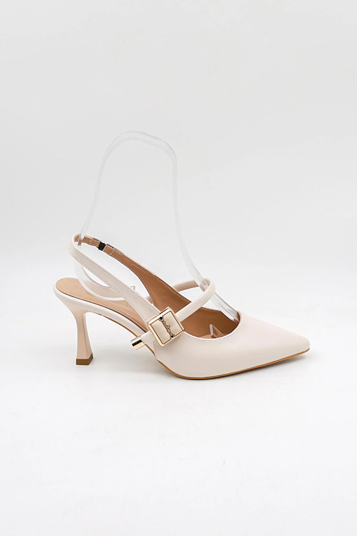 Park Moda Arkası Açık Taşlı Kısa Topuklu Kemerli Kadın Ayakkabı PM439 Ten Cilt