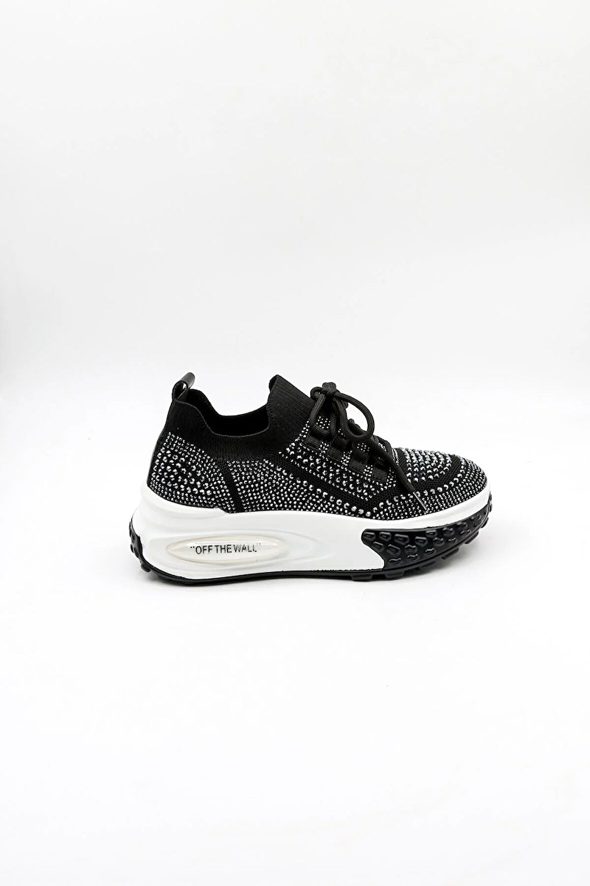 Kriste Bell Bağcıklı Triko Taşlı Yüksek Taban Kadın Spor Ayakkabı K25 0018 - Siyah