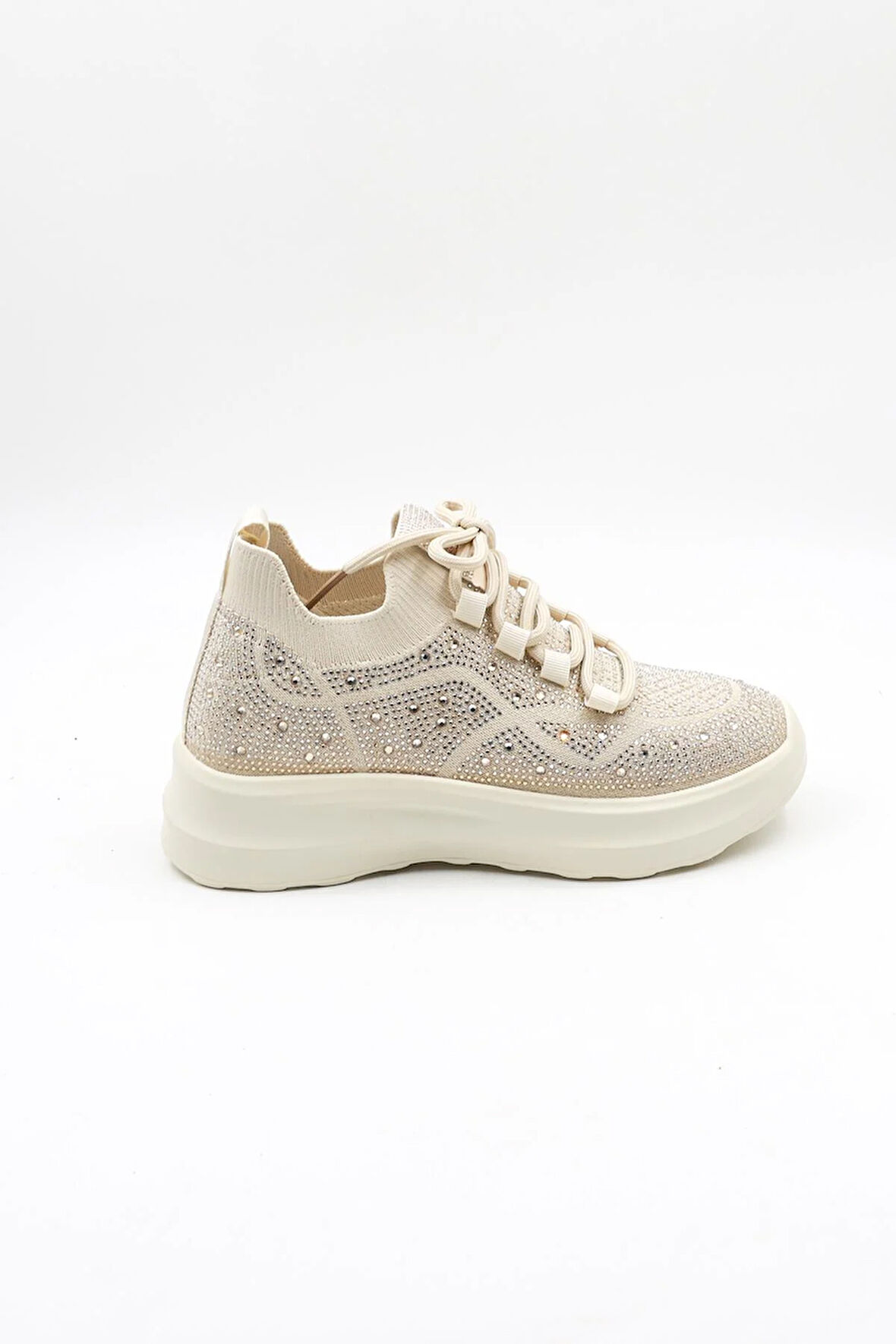 Kriste Bell Bağcıklı Taş Detaylı Yüksel Taban Triko Kadın Spor Ayakkabı K25 0075 - Bej