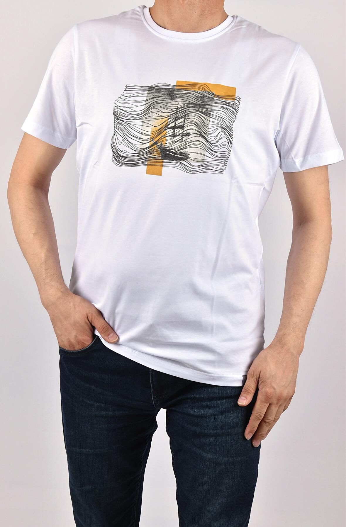 RYM-3770 BASKILI BİSİKLET YAKA  TİŞÖRT /BEYAZ/2XL