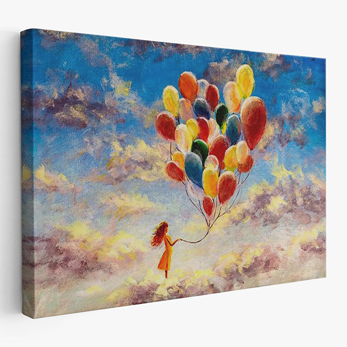 Bulutlaların Üzerindeki Renkli Balonları Tutan Kız Tablosu-6643