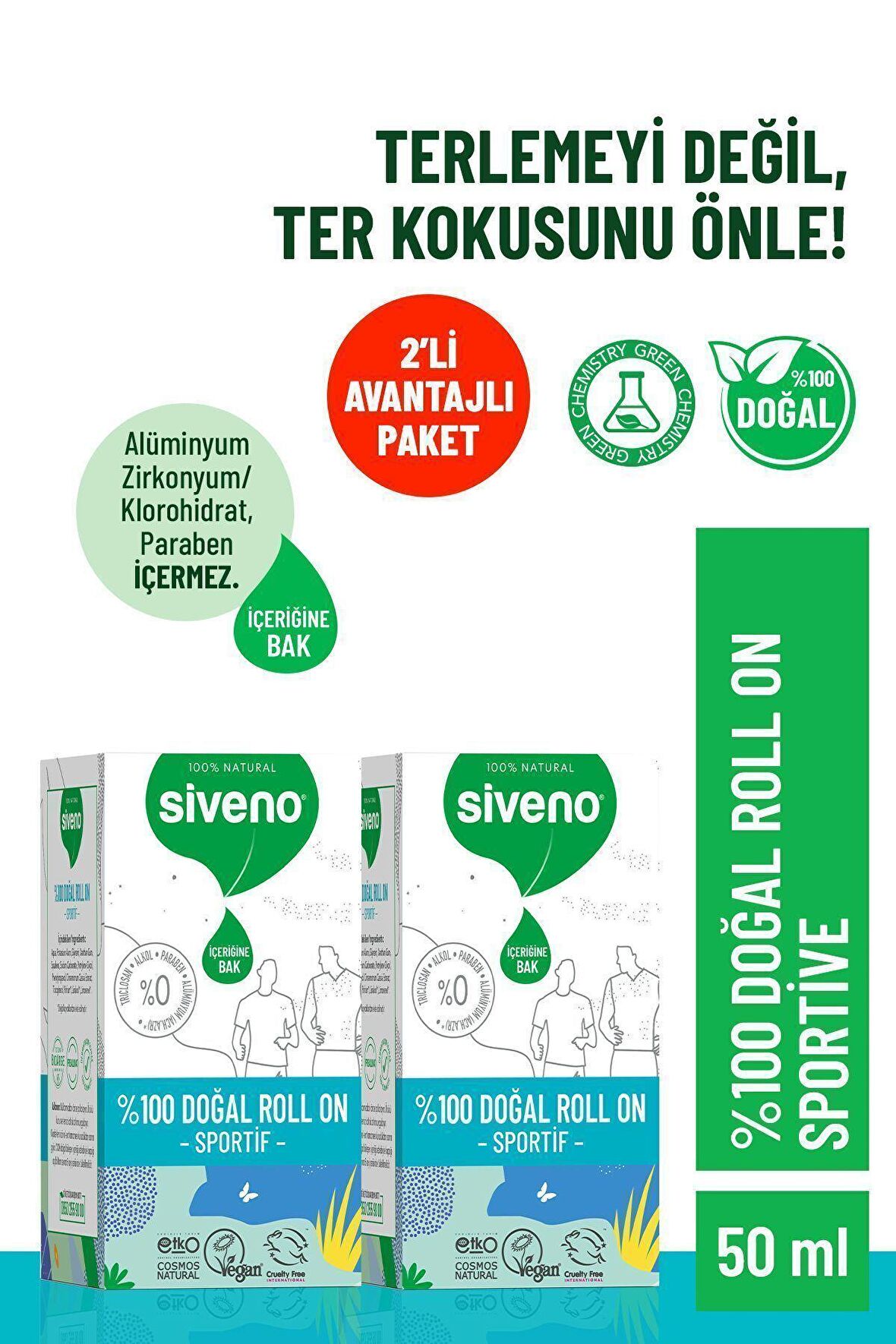 Siveno %100 Doğal Roll-On Sportif Sporcu Deodorant Ter Kokusu Önleyici Bitkisel Lekesiz 50 ml X2 Adet