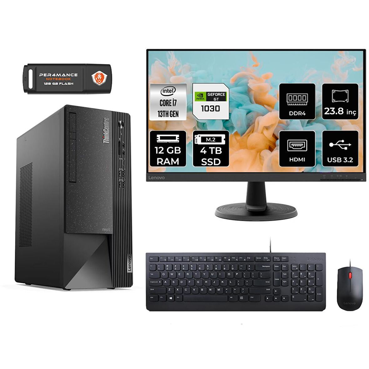 Lenovo ThinkCentre Neo 50T i7 13700 12GB 4TB SSD GT1030/4GB FDOS 12JD0008TR MASAÜSTÜ PC & 23.8" MONİTÖR