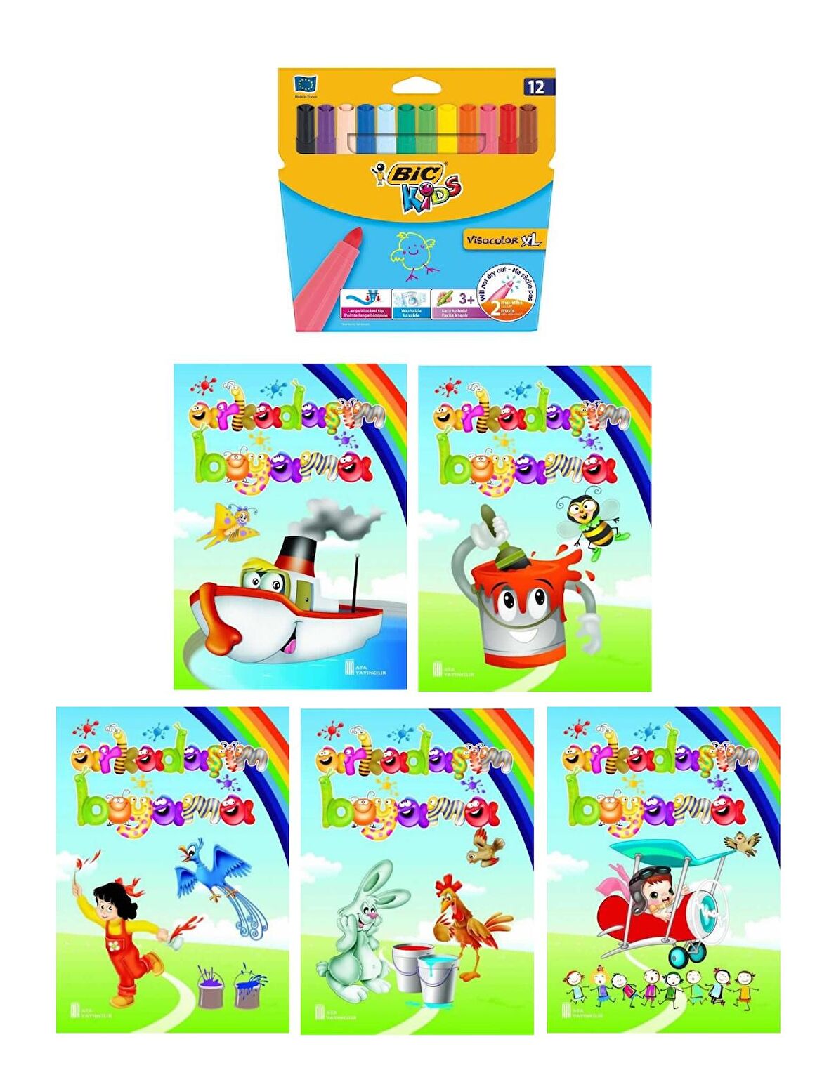 3-6 Yaş Arkadaşım Boyama Kitapları 5 li +Bic Kids XL12 li Keçeli Boya (Jumbo)
