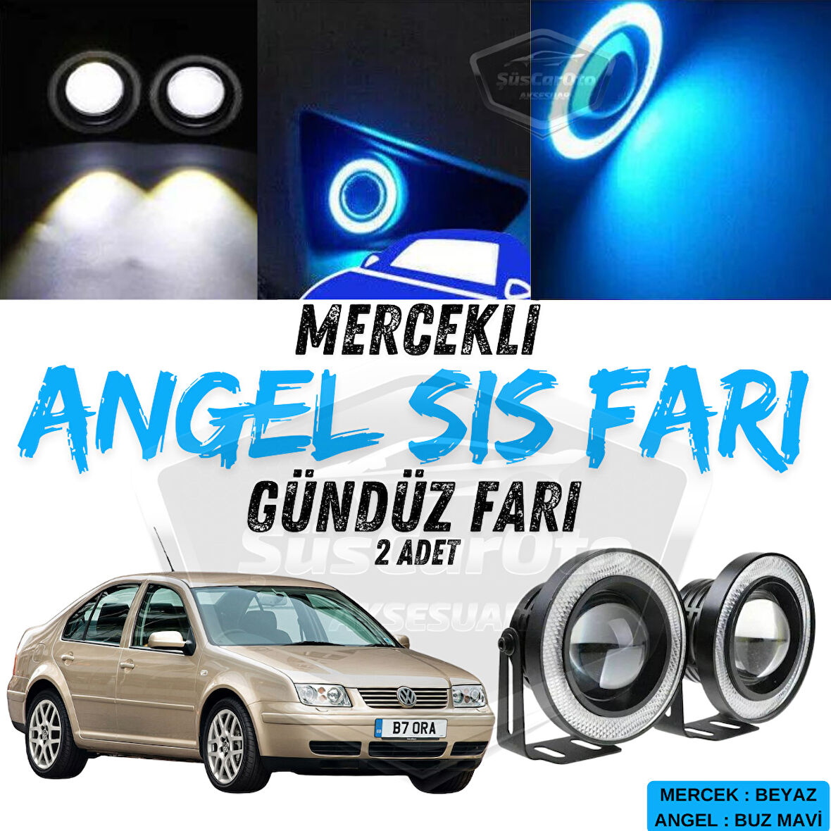 Vw Bora 1998-2006 Uyumlu Üniversal Mercekli Angel Sis Farı Metal Su Geçirmez 76 mm Buz Mavi Halkalı Gündüz Farı Angel Eyes 2 Adet