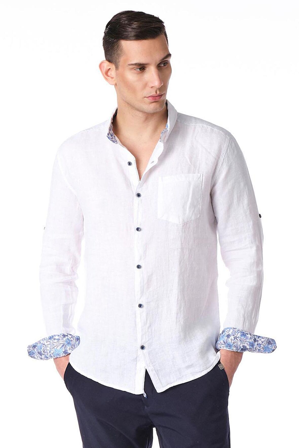 Erkek Regular Fit %100 Keten Cep Detaylı Gömlek