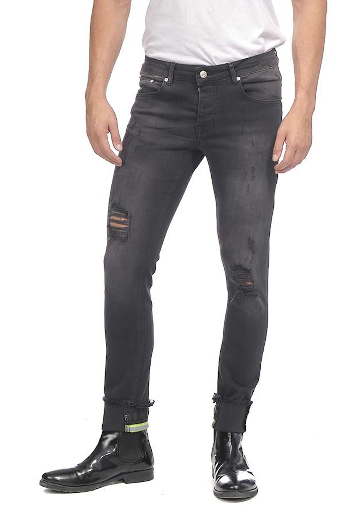 Erkek Slim Fit Katlama Paçası Yazılı Yırtık Detaylı Düz Renk Jean Kot Pantolon