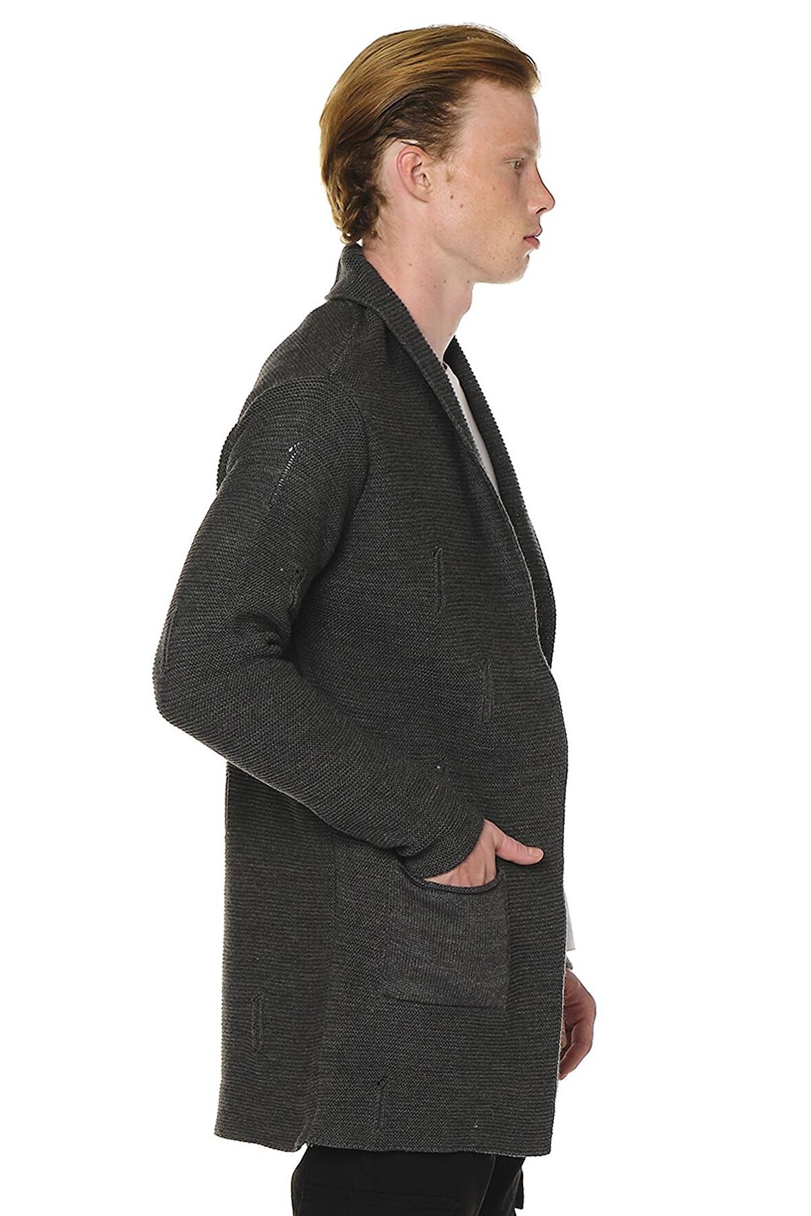 Erkek Yırtık Detaylı Cepli Triko Uzun Salaş Spor Hırka 