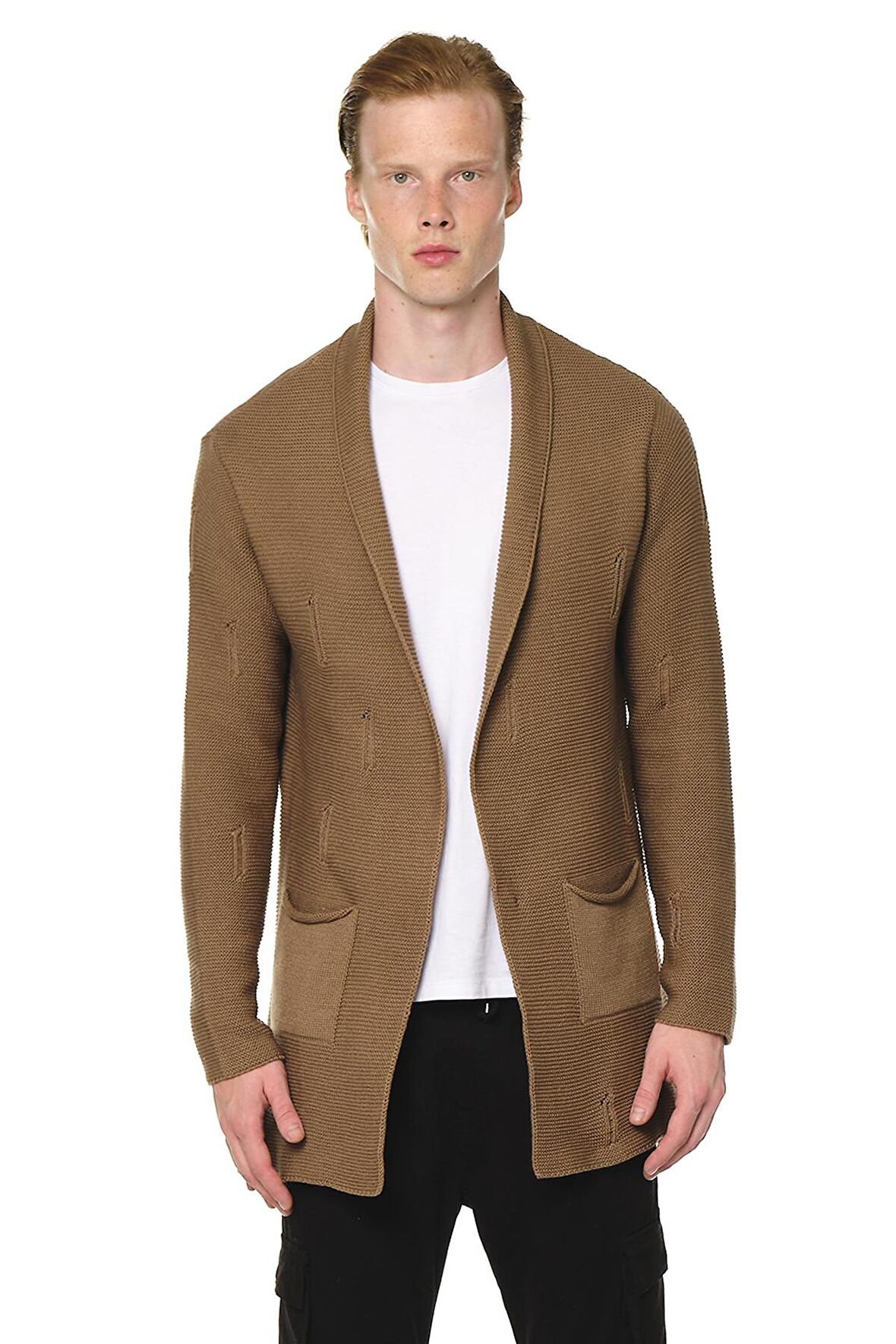 Erkek Yırtık Detaylı Cepli Triko Uzun Salaş Spor Hırka 