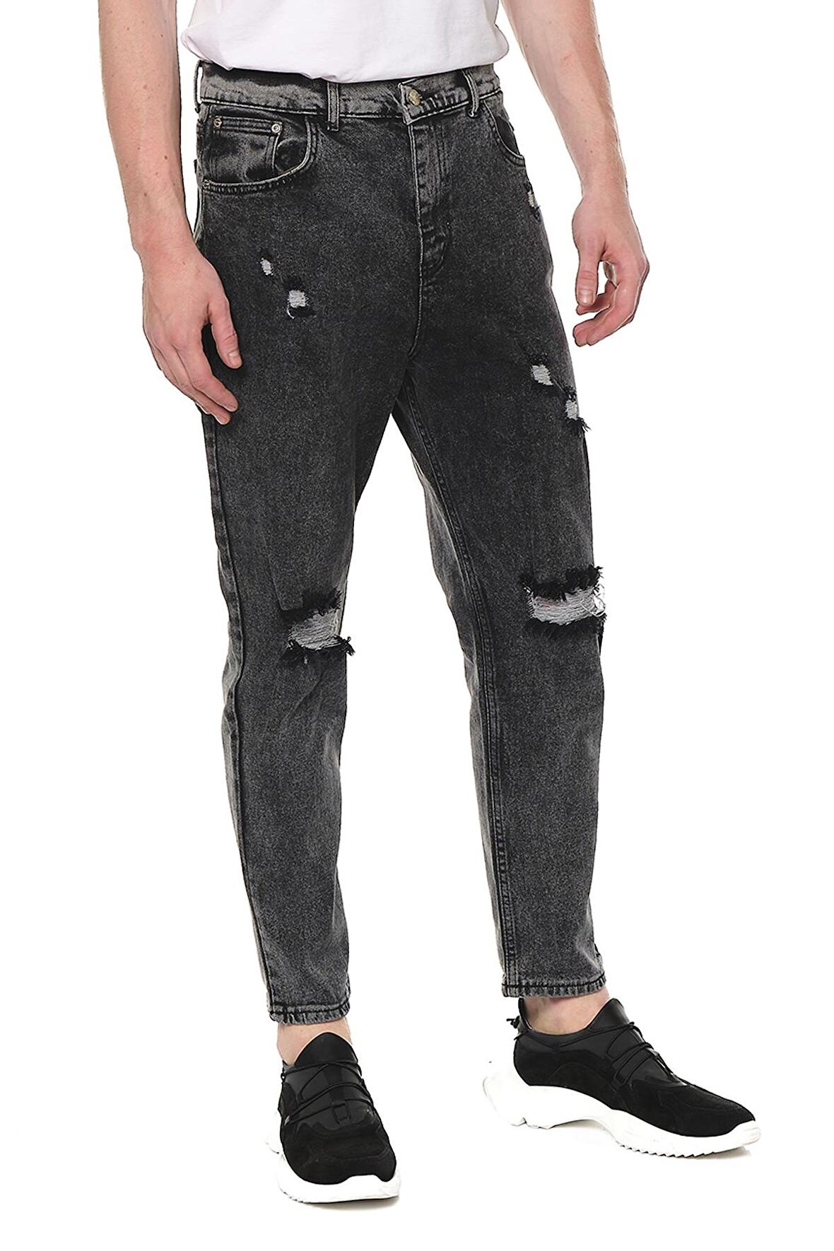 Erkek Bol Kesim Yırtık Detaylı Eskitme Efektli Jean Kot Pantolon