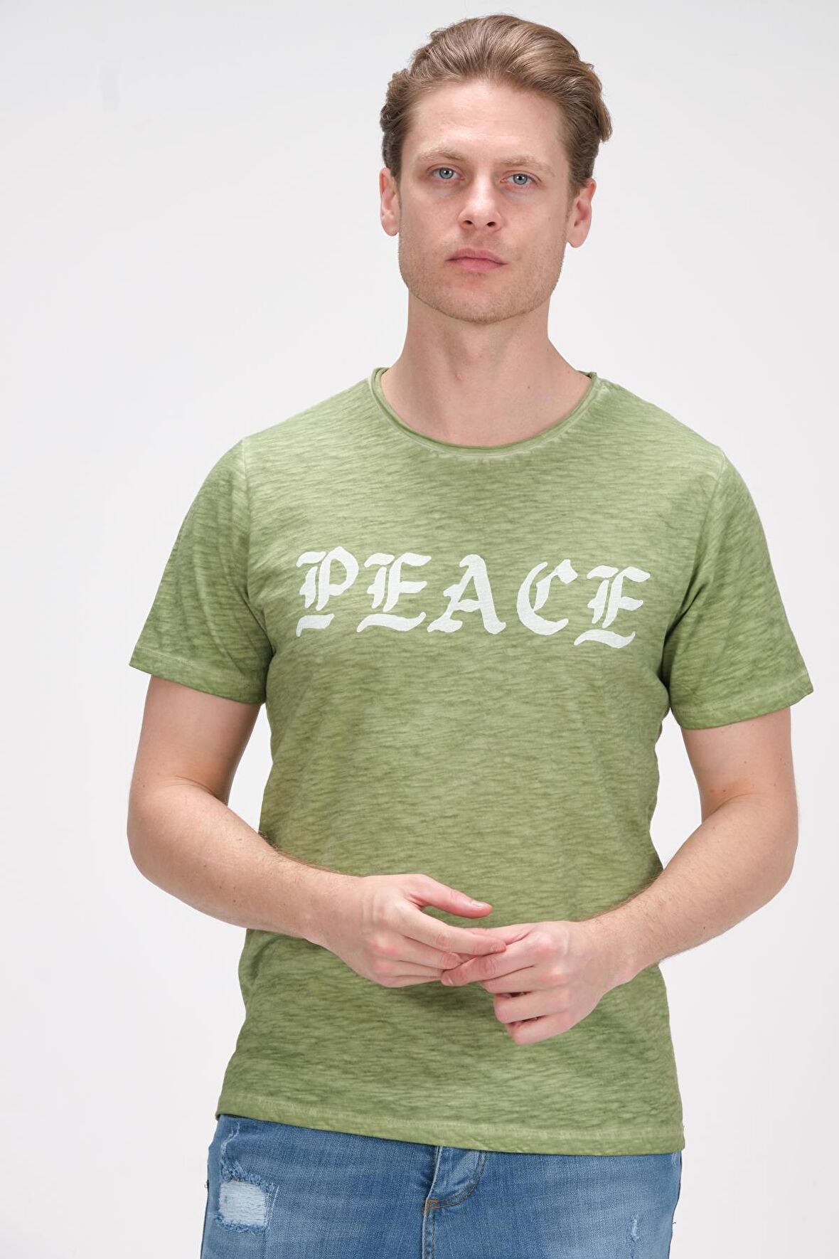 Erkek Bisiklet Yaka Yıkamalı Önü Baskılı Pamuklu Kısa Kollu T-Shirt