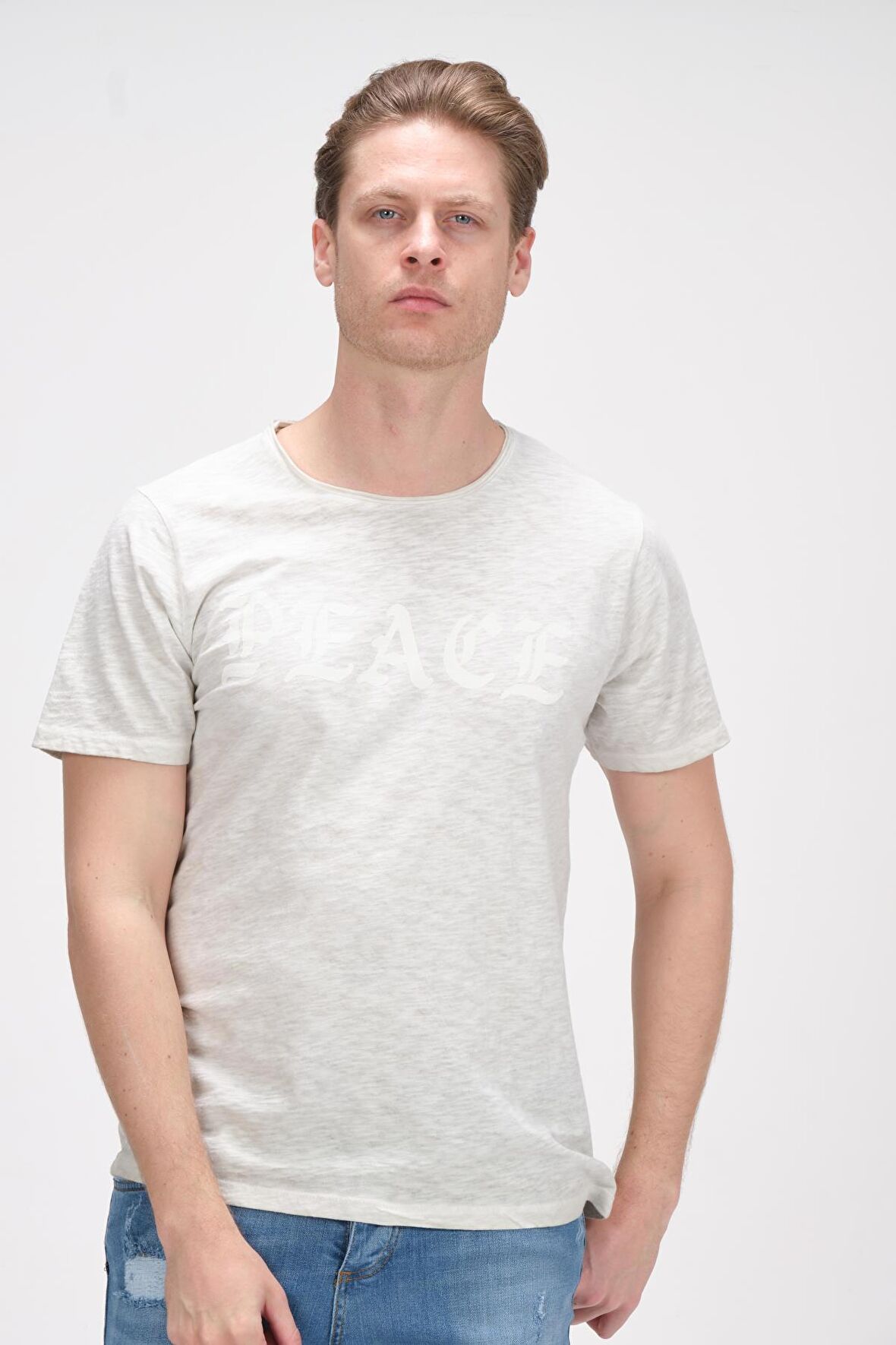 Erkek Bisiklet Yaka Yıkamalı Önü Baskılı Pamuklu Kısa Kollu T-Shirt