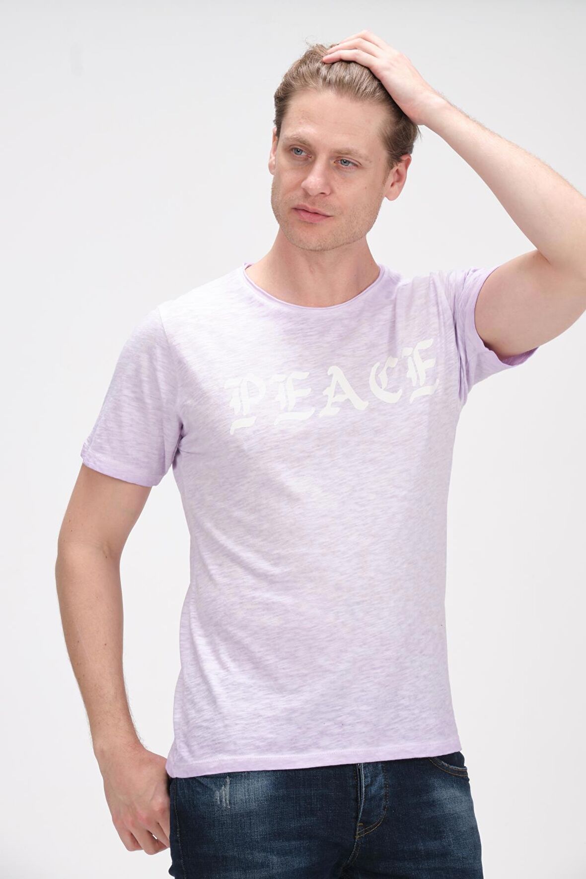 Erkek Bisiklet Yaka Yıkamalı Önü Baskılı Pamuklu Kısa Kollu T-Shirt