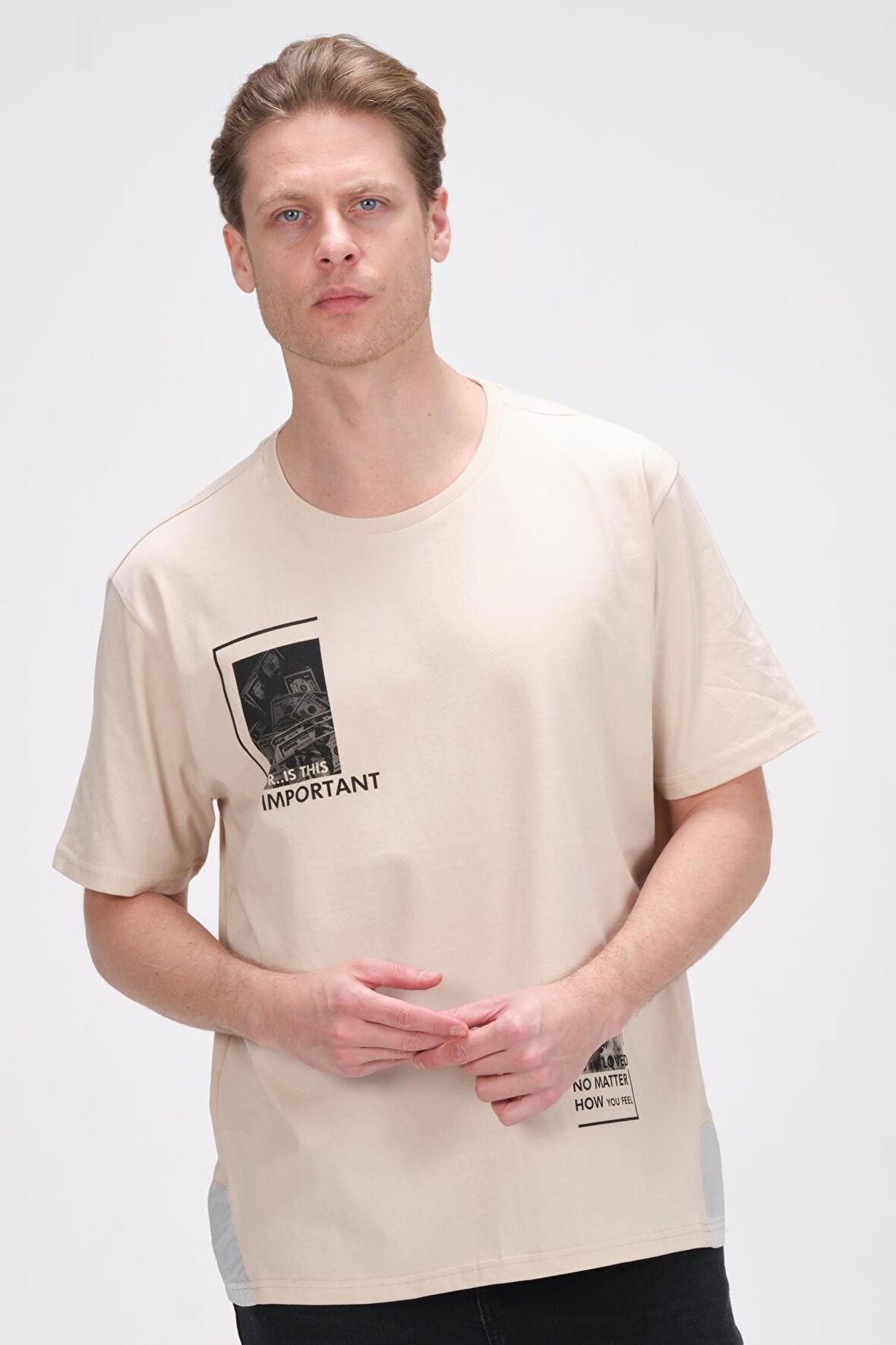 Erkek Oversize Baskılı Bisiklet Yaka Pamuklu Kısa Kollu Basic T-Shirt