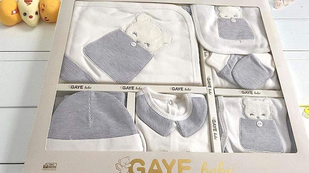 UNİSEX 0-3 AY BEBEKLERE GAYE ORGANİK PAMUK  AYICIK NAKIŞLI VE CEPLİ 10 LU PREMİUM SET