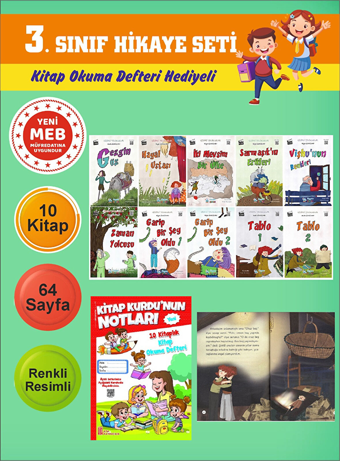 3.Sınıflar İçin Okumayı Sevdiren 10 lu Hikaye Seti (Kitap Okuma Defteri Hediyeli)