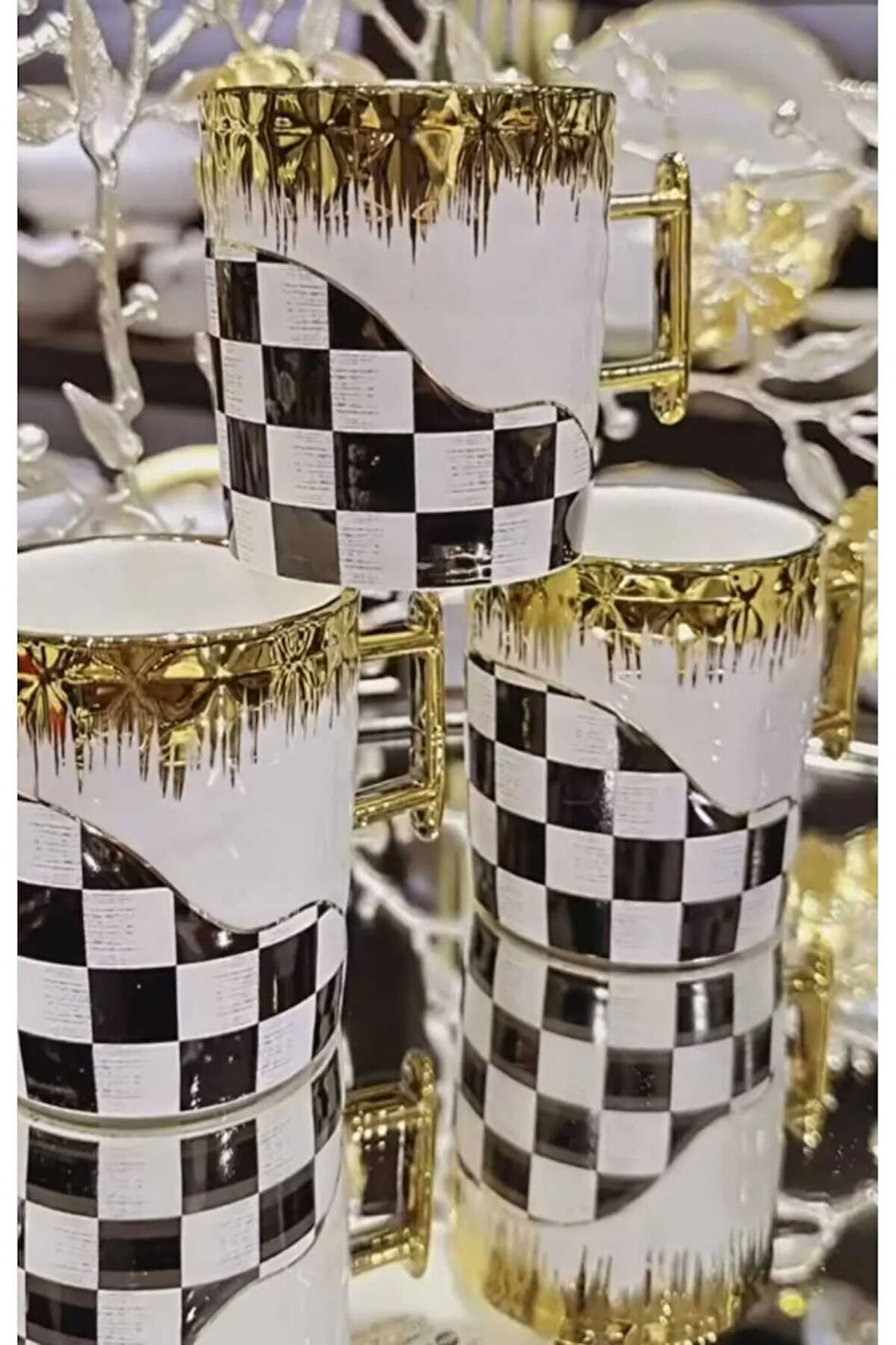 Damalı Porselen Kupa Bardak Gold