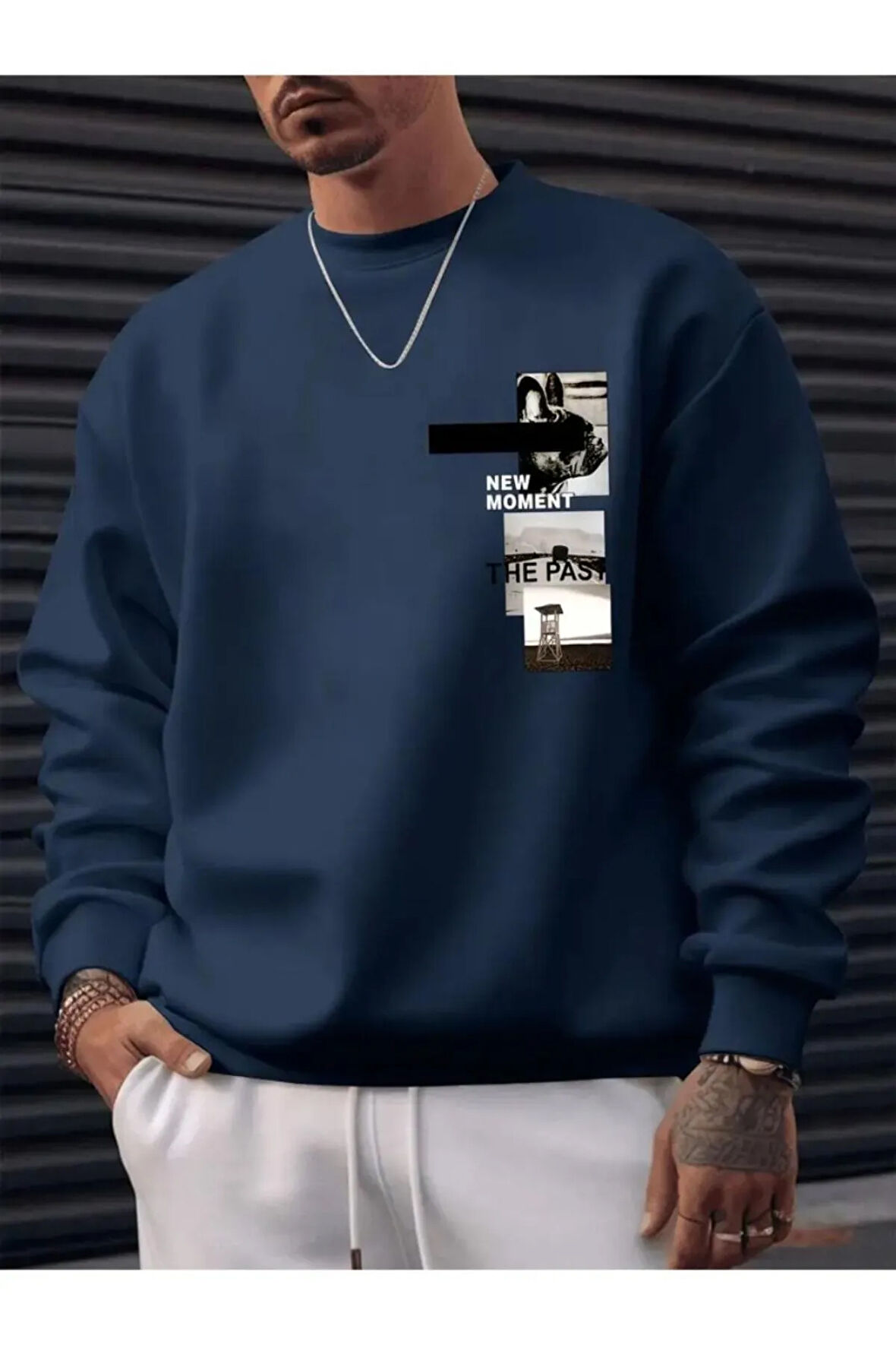 Erkek Lacivert  New Moment The Post Baskılı Bsiklet Yaka Sweatshirt