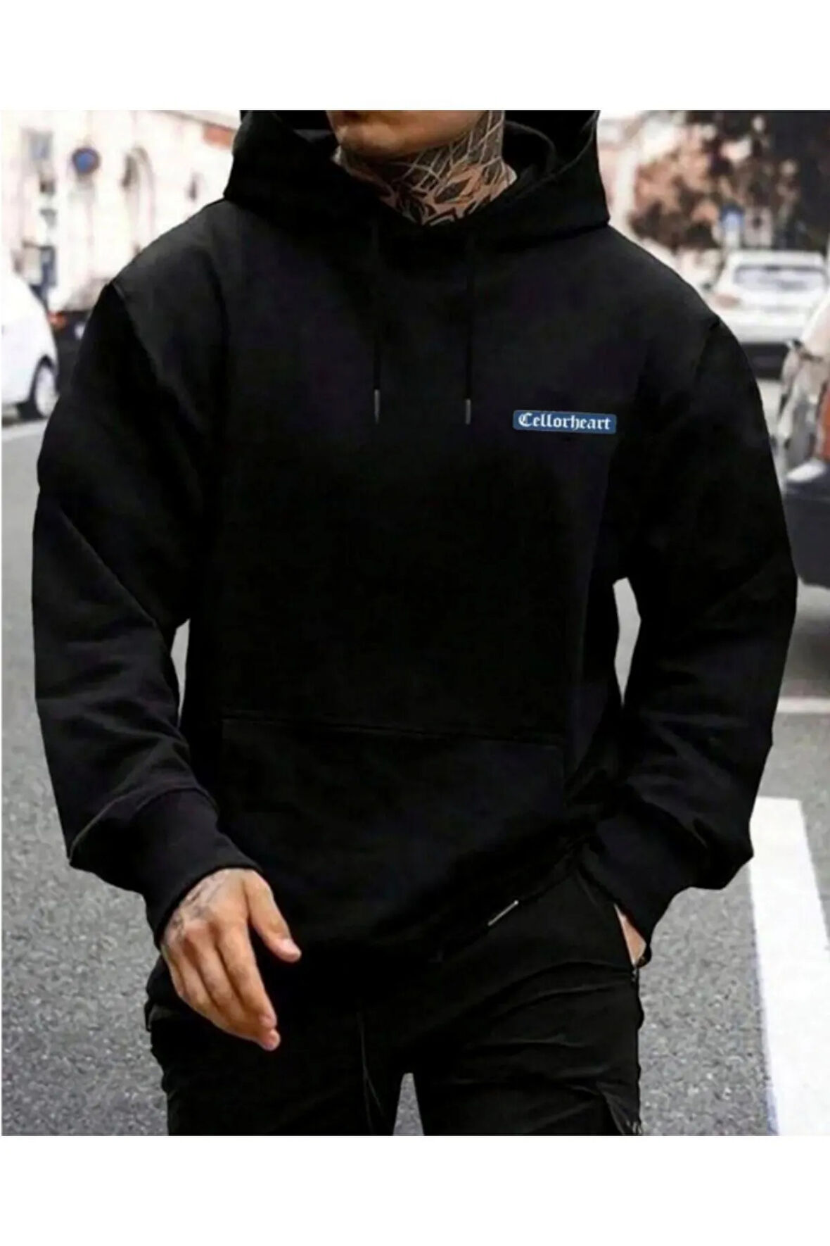 Erkek Siyah  Oversize Cellorheart Baskılı Sweatshirt