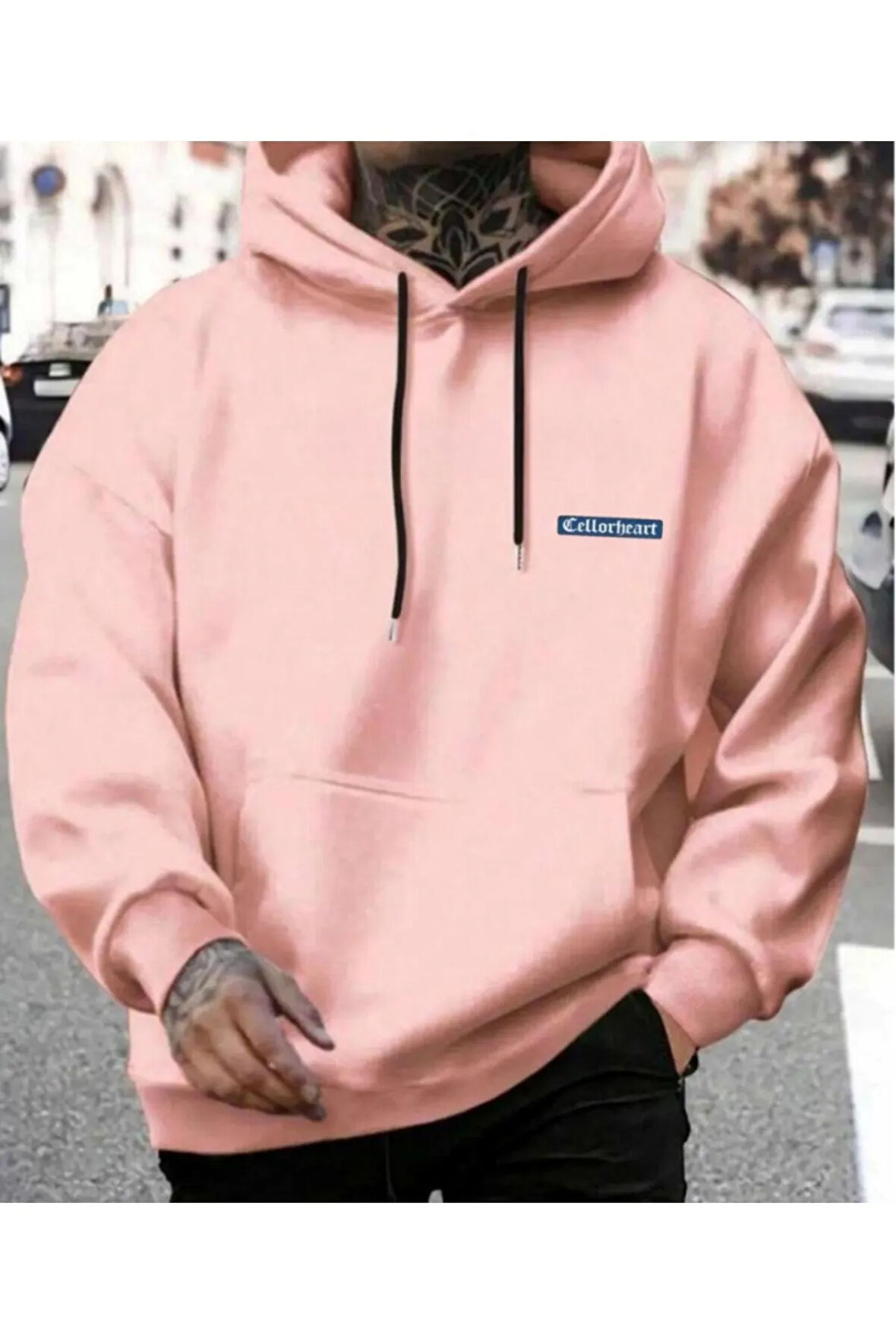 Erkek Pembe  Oversize Cellorheart Baskılı Sweatshirt