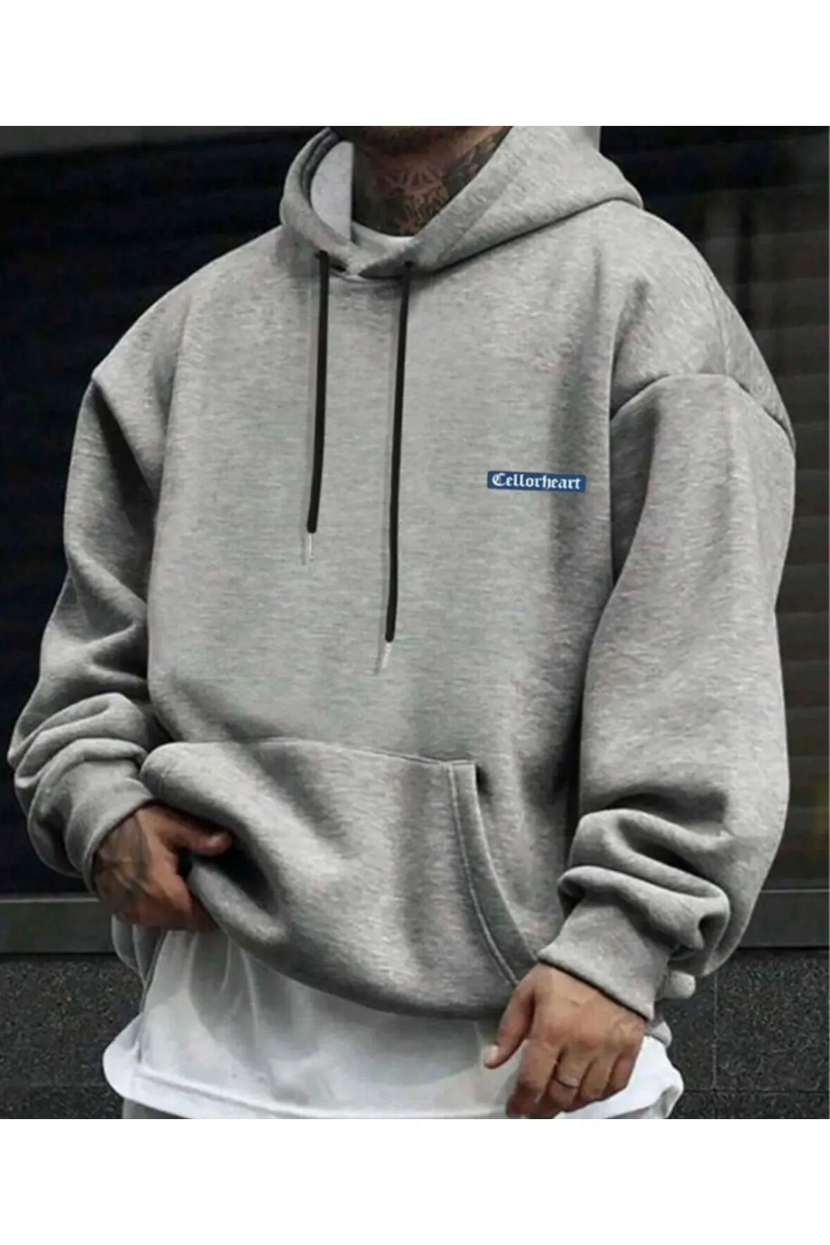 Erkek Gri Oversize Cellorheart Baskılı Sweatshirt