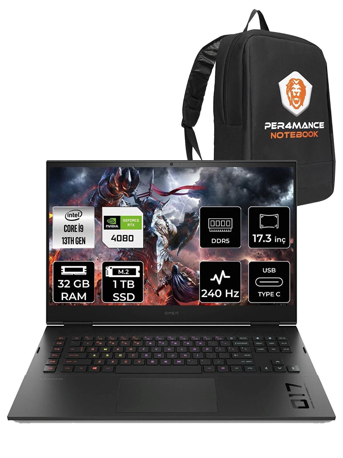 HP OMEN 17 i9 13900HX 32GB RAM 1TB SSD RTX4080/12GB 240Hz 17.3 QHD FDOS 7P6D5EA & PER4 ÇANTA